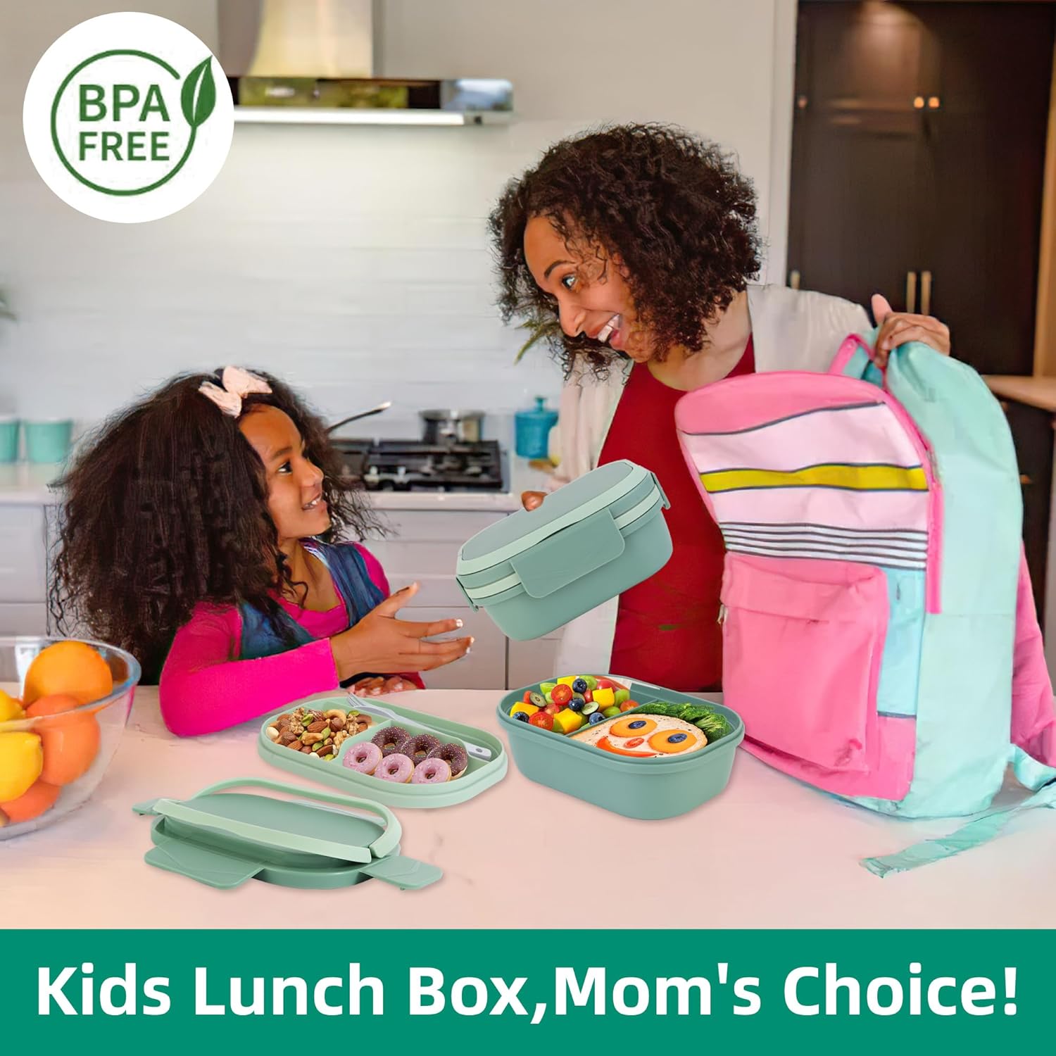 Leak-Proof Bento Box Adult Lunch Box, Stackable Lunch Containers for Adults & Kids with Sleek Handles & Utensils, Microwave & Dishwasher Safe (Green) - Image 8