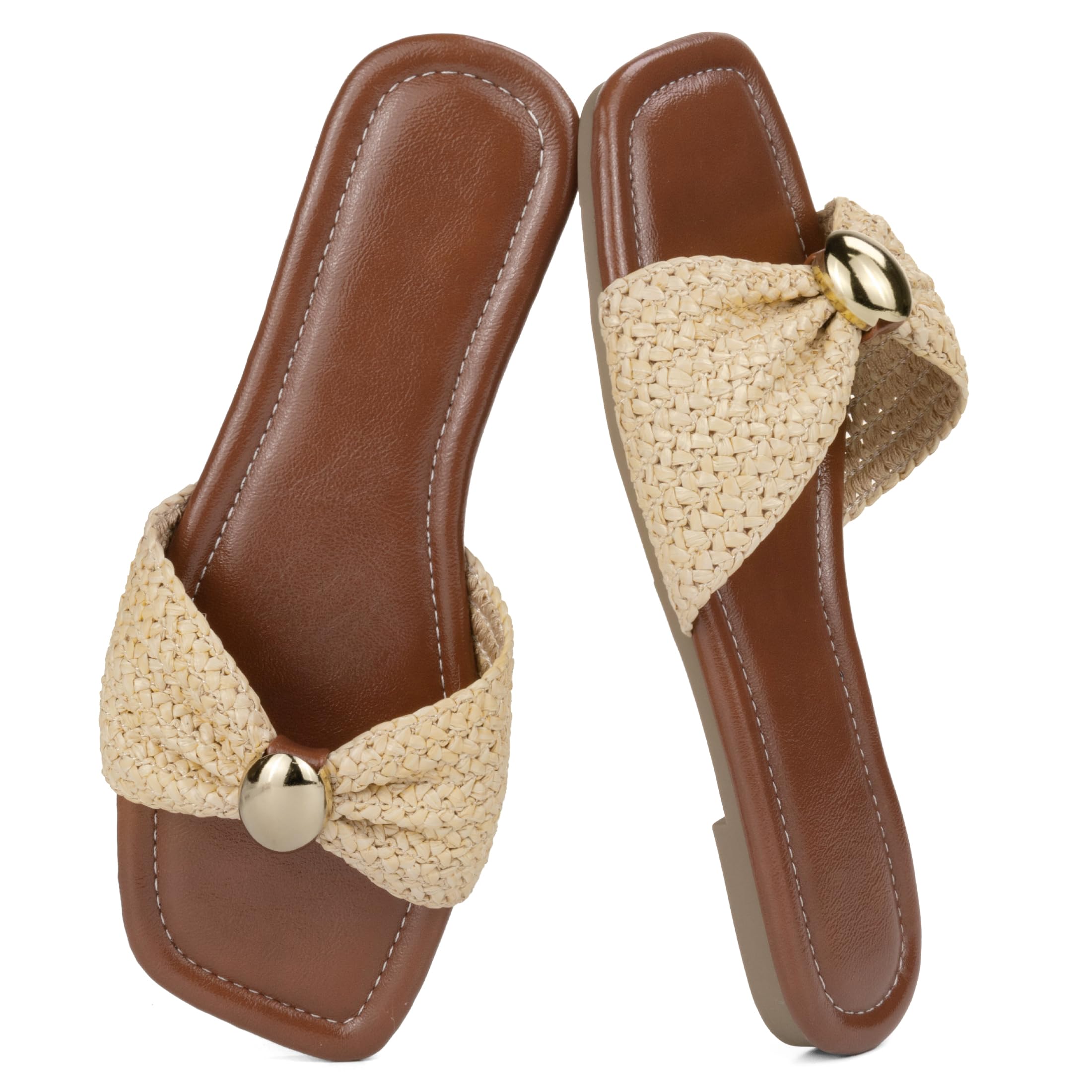 Mnking Damen Flache Sandalen Raffia Gewebt Knoten Slide Sandalen Quadratisch Offene Zehen Sommer Sandaletten für Alltag Urlaub Strand