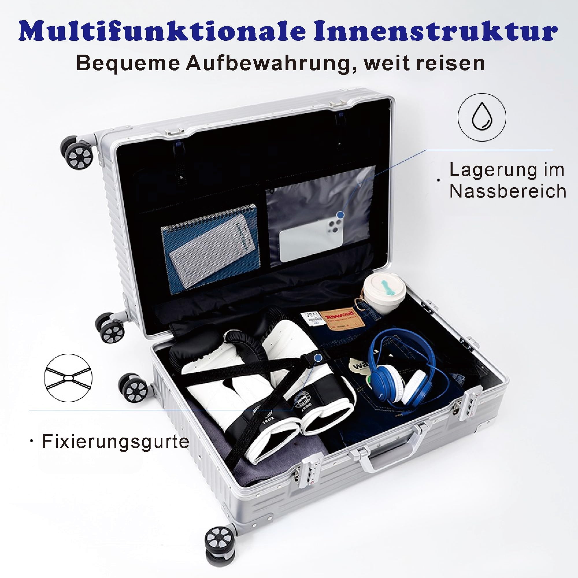 Aoliwei Aluminiumrahmen Koffer S 55cm Handgepäck Hartschalen-Trolley Metall-Optik 35L Business Reisekoffer TSA 4 Rollen Silber