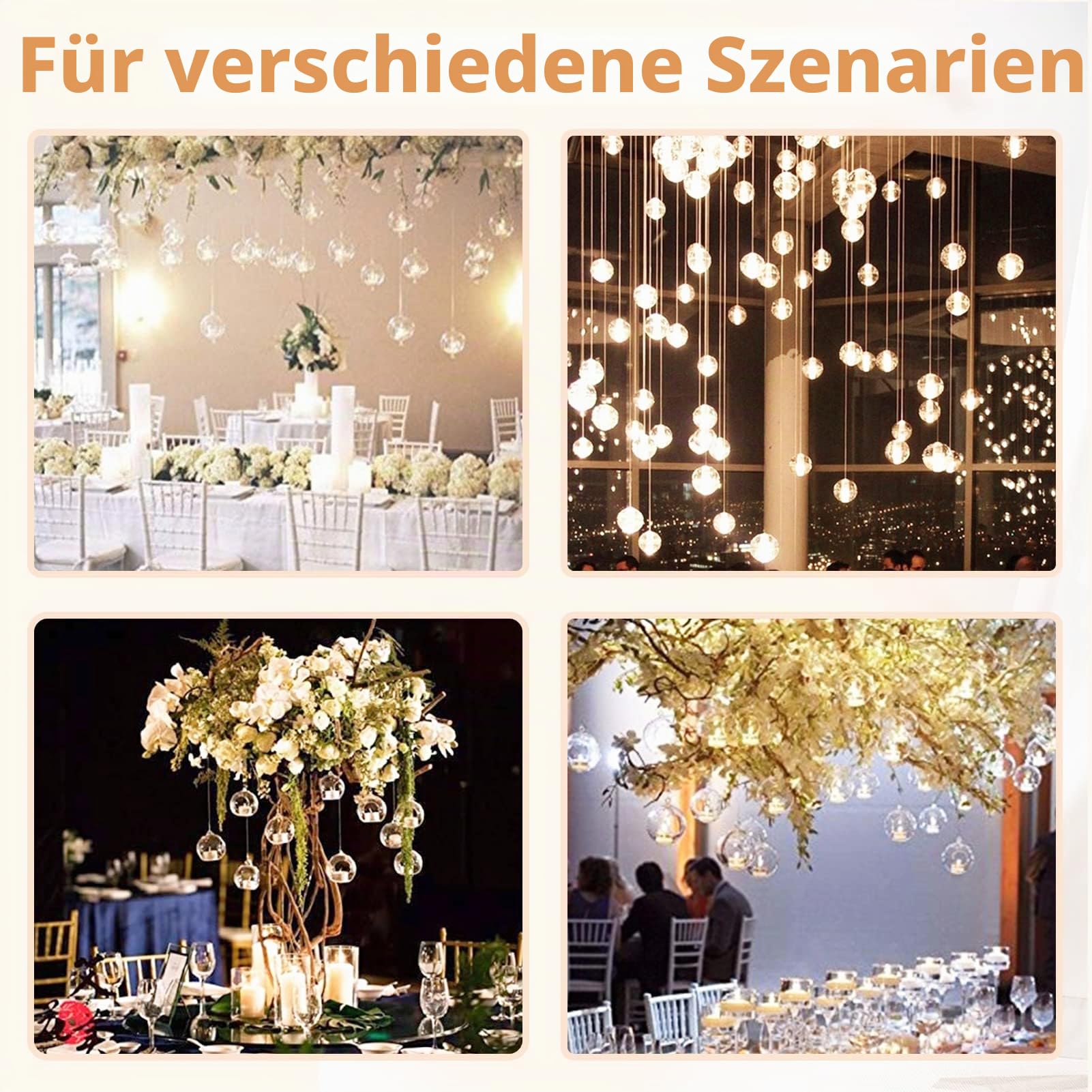 NUPTIO Teelicht Gläser Hängend Globus: Glas Teelichthalter Glaskugel | 24 Stück 8cm Kerzenständer Glas Pflanzgefäße Hochzeit Garten Glasterrarium zum Aufhängen Weihnachten Deko Innen Outdoor