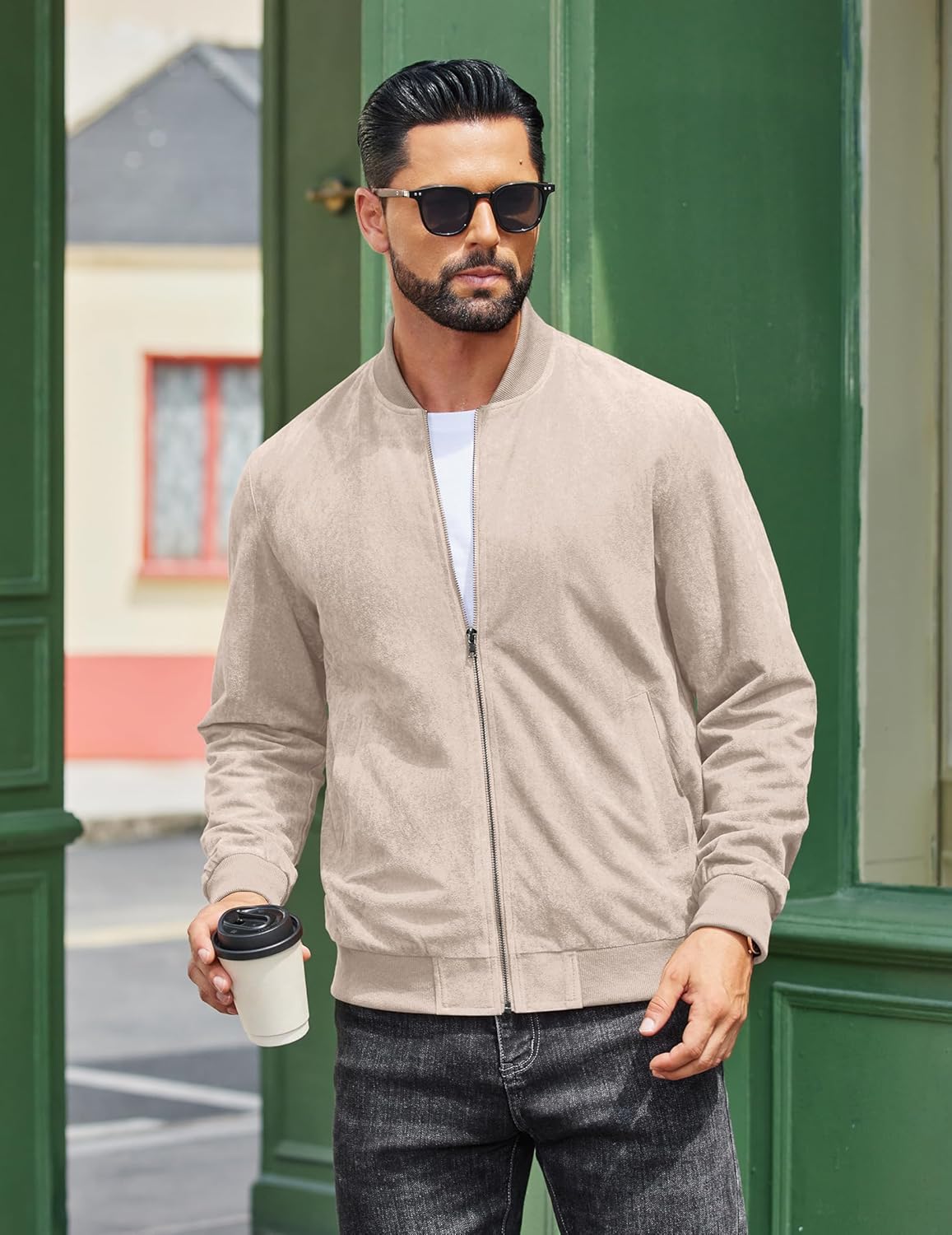 COOFANDY Men's Lightweight Suede Bomber Jackets Casual Varsity Jacket Vintage Faux Leather Jackets - Image 2