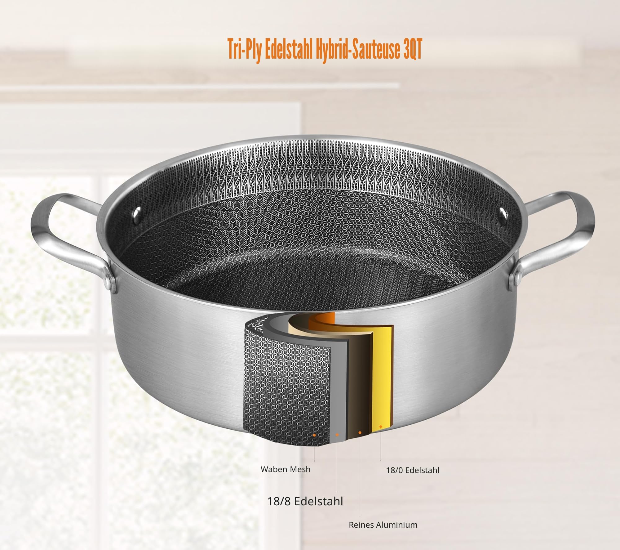 Inqibee Schmorpfanne 26 cm Hoher Rand, Schmortopf mit Deckel 2,5L | Edelstahl 18/8 antihaftbeschichtet, Pfanne Induktion, Servierpfanne für alle Herdarten geeignet, backofengeeignet