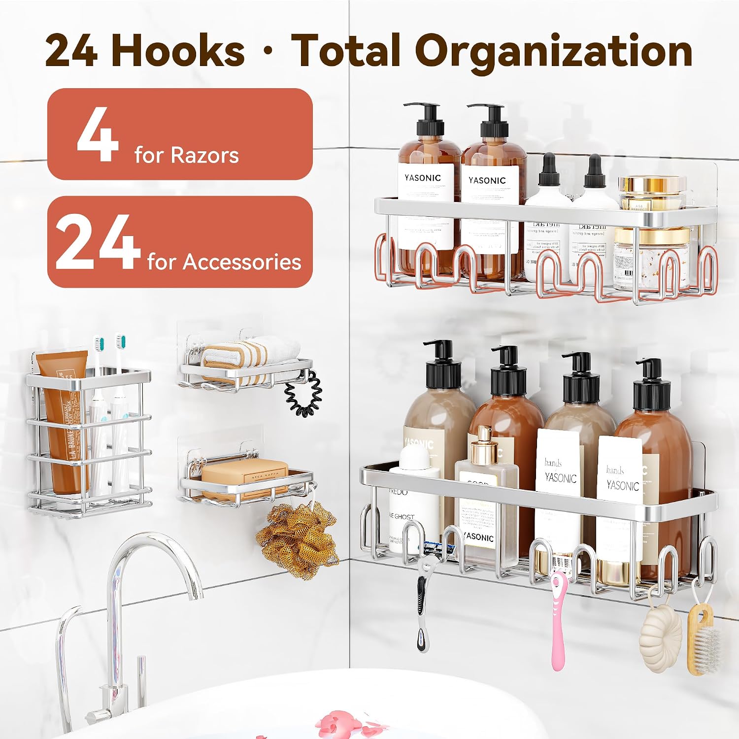 YASONIC Shower Caddy Adhesive, 100% Rustproof Shower Organizer with Soap and Toothbrush Holder, Large Capacity Shower Shelves for Inside Shower, No Drill Shower Storage for Home (5 Pack Silver)