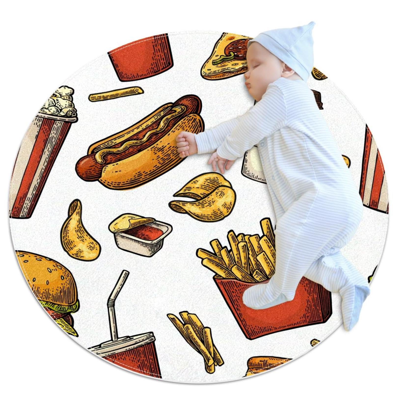 Tapis de salle de bain rond 1m amovible imprimé hamburger et frites pour chambre et coin canapé