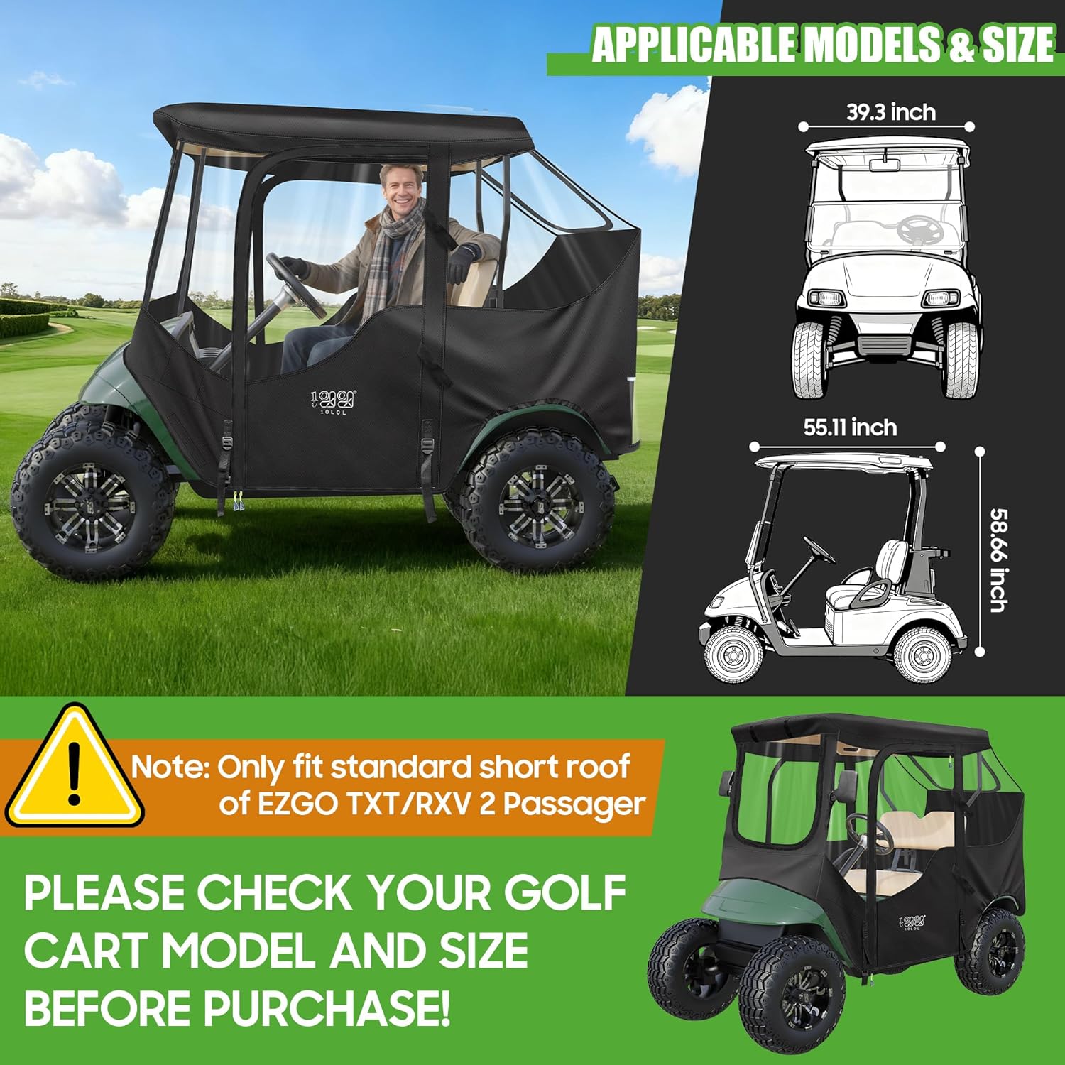 10L0L 2 Passenger Golf Cart Driving Enclosure for EZGO TXT/RXV Model, 4-Sided Clear Window 600D Rain Cover All Weather Windproof Waterproof Snow-Proof
