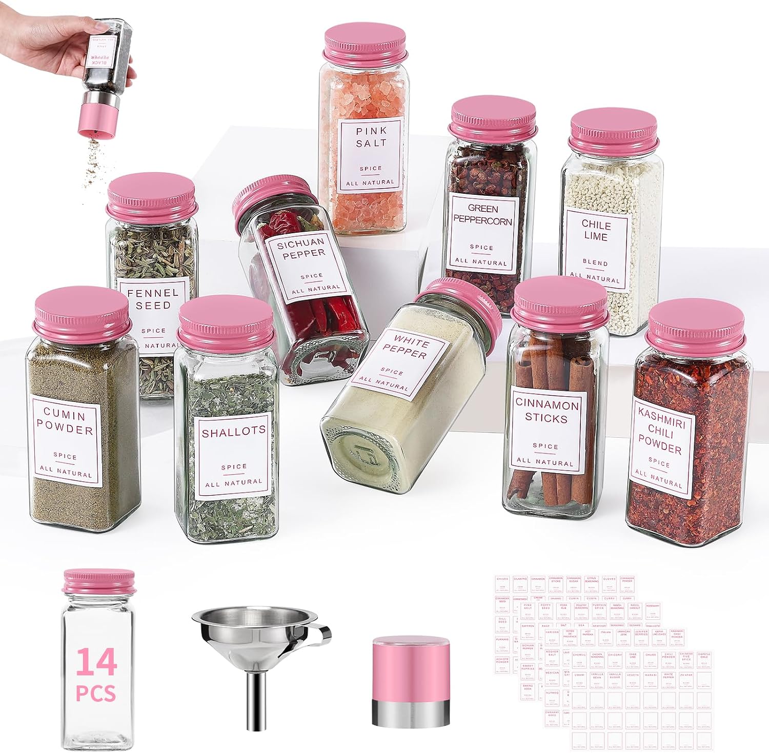 FavorFlavor 14pcs 4oz Glass Spice Jars with Labels & Pink Lids for Kitchen