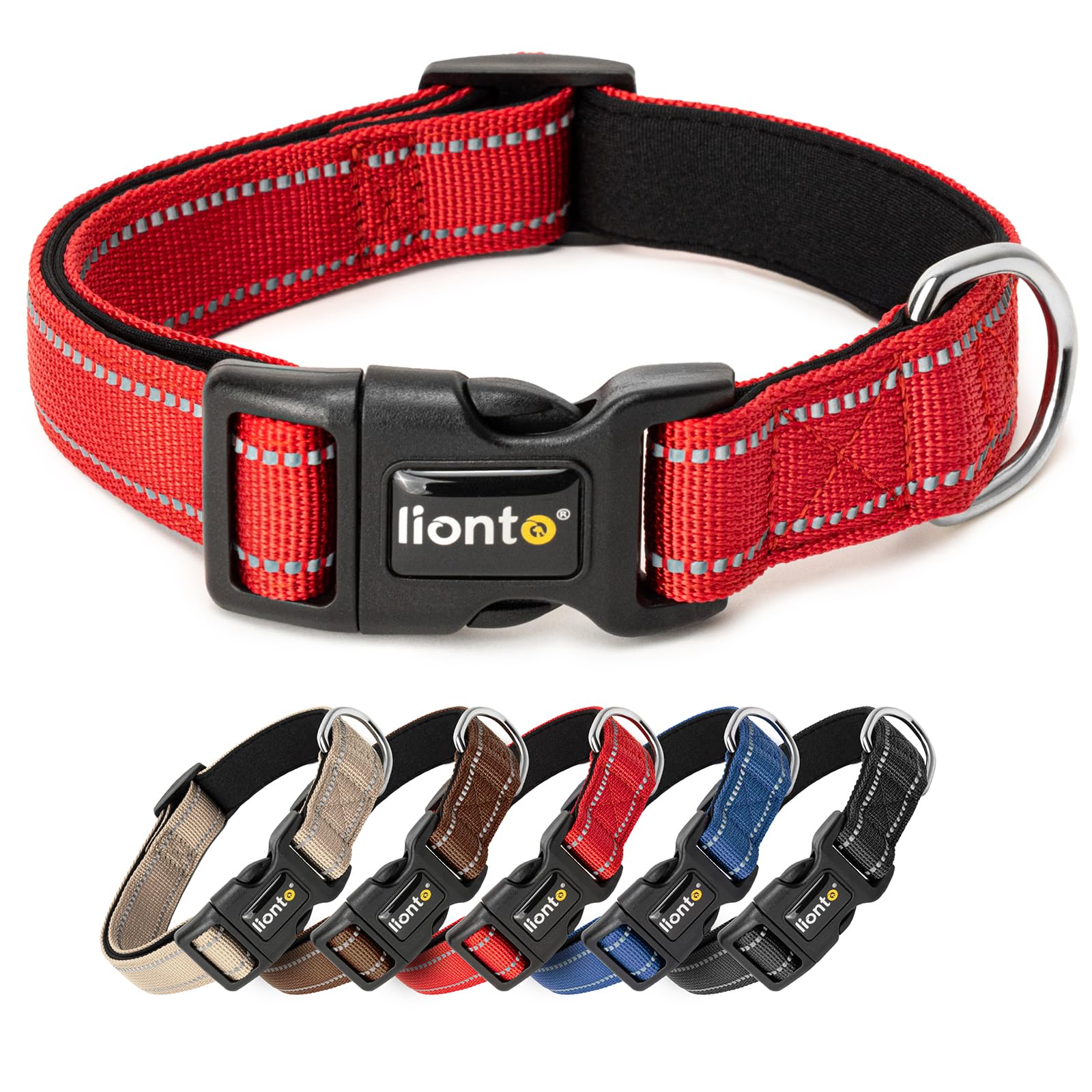 lionto Hundehalsband aus strapazierfähigem Nylon, Größe XL, weiches gepolstertes Halsband für Hunde, 360° reflektierend & Klickverschluss, Metallring & Anpassung durch stufenlosen Schieber, rot