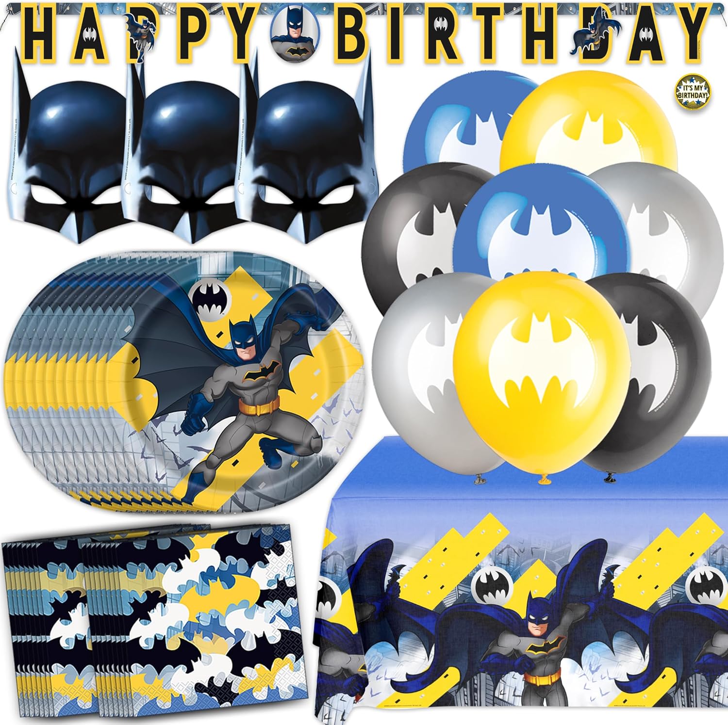 Batman Birthday Decorations | Serves 16 | Balloons, Masks, Banner, Tablecloth, Plates, Napkins, Sticker | Batman Party Decorations