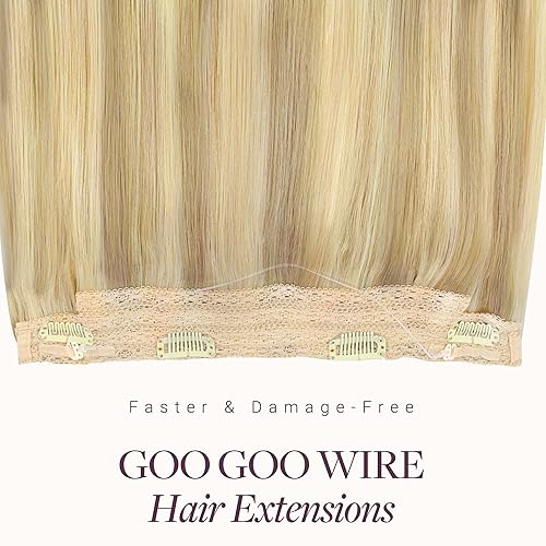 Miniatura 10 de GOO GOO Extensiones de cabello humano con alambre de 14 pulgadas, 75 g , castaño medio con reflejos rubio dorado, extensiones de cabello grueso y