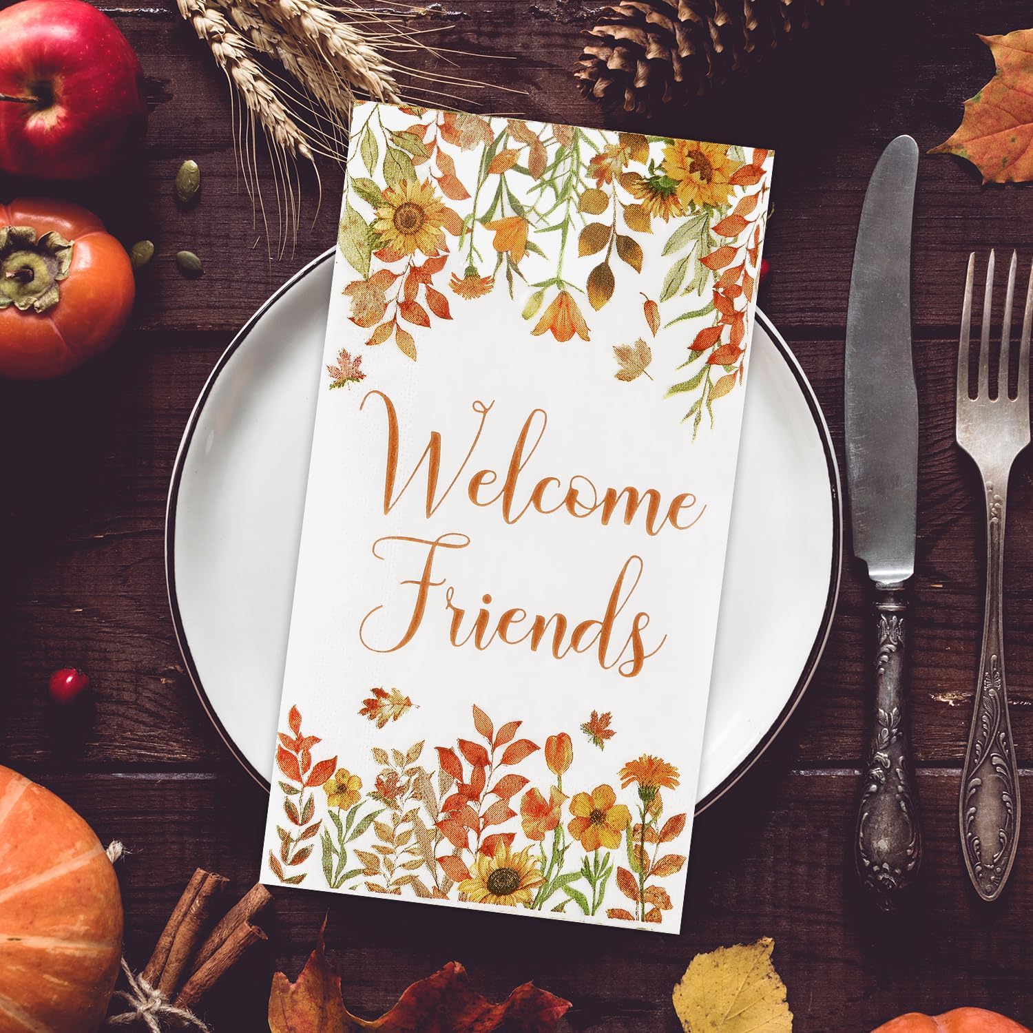 Quera 100 Pcs Welcome Friends Fall Guest Napkins Autun Leaves Disposable Paper Napkins Hand Towels Thanksgiving Fingertip Napkins for Kitchen Fall Harvest Party Dinners or Events​ Decorations