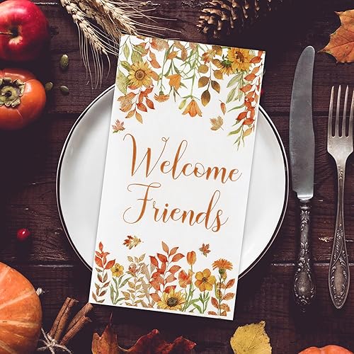 Miniatura 5 de Quera 100 servilletas de papel desechables con hojas de otoño con texto en inglés "Welcome Friends", servilletas de papel desechables para Acción de