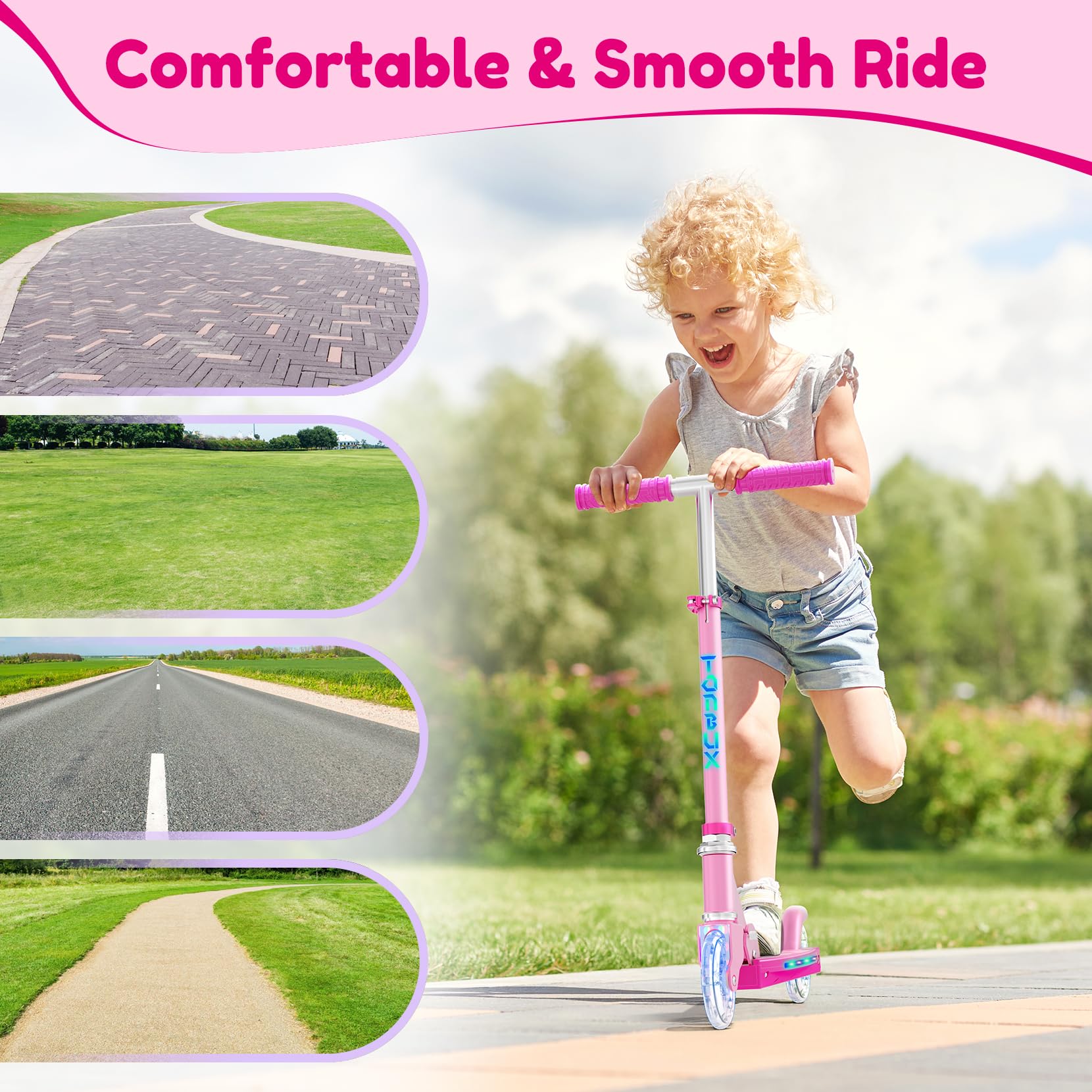 TONBUX Patinete Niños de 5 a 12 Años, Patinete Niños con Poste de Iluminación Fresco, Ruedas y Plataforma, Patinete de Altura Ajustable de Nivel 4, Patinete Ligero Plegable