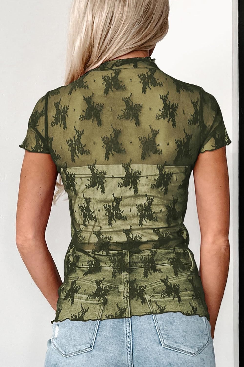 Womens Floral Sheer Mesh Lace Tops Mock Neck Short Sleeve Shirt Sexy See Through Top Y2k Blouses - Image 6