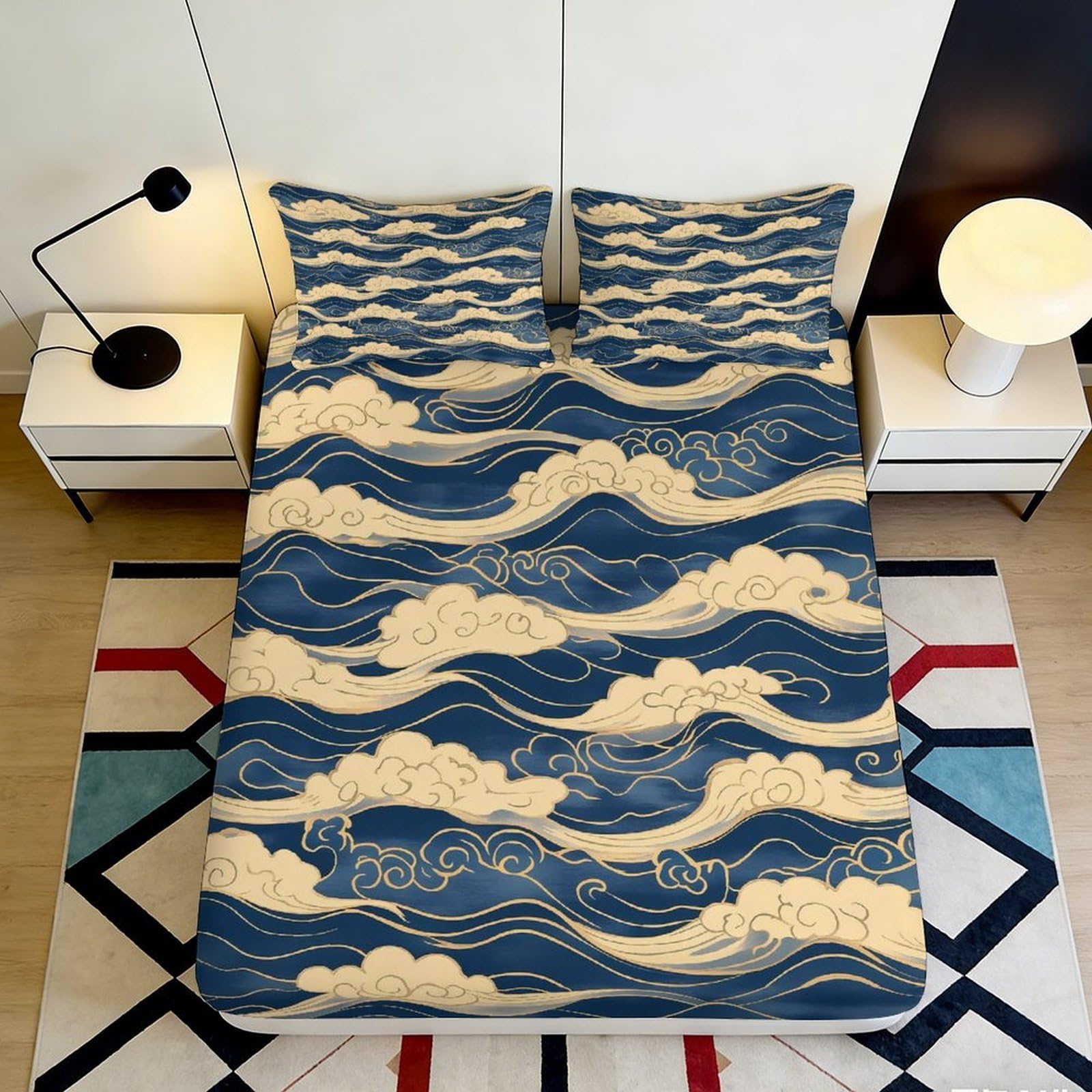Uynsixtme Style-4 3D Printed Waves Fitted Sheet Microfiber Deep Pocket Non-Slip Ocean Bedroom Mattress Fitted Cover Washable For Home Bedding 140X200x25cm