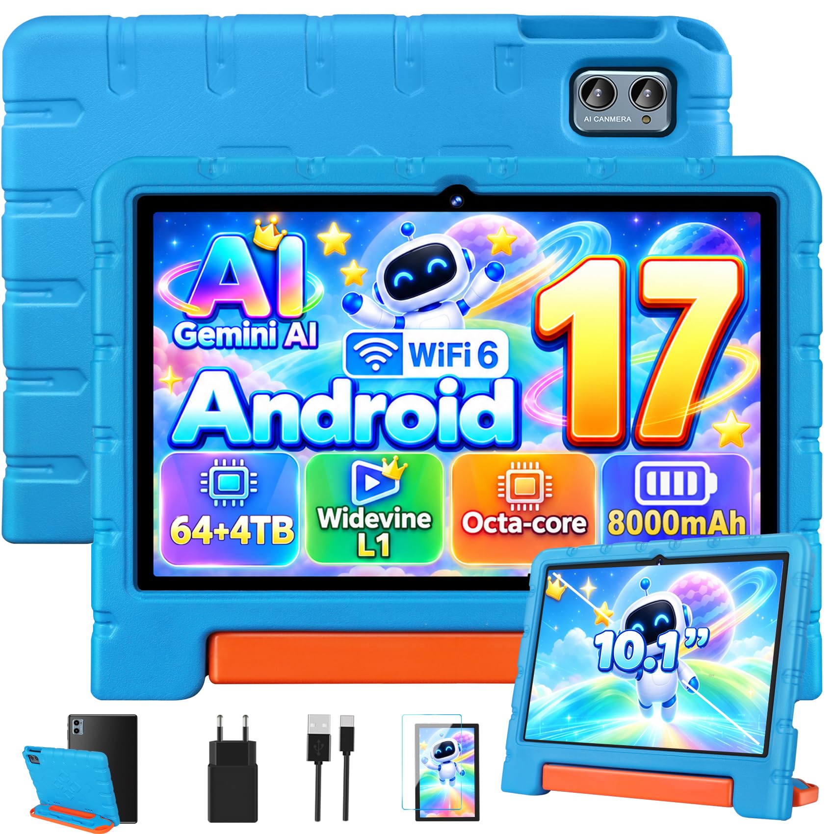 Android 17 Kinder Tablet 10,1 Zoll, 8000mAh Akku, iWawa, EVA Tasche–Blau | Octa-Core, Gemini AI, 30GB RAM + TF 4TB, WiFi 6, Widevine L1, iWawa & Elternkontrolle, Dual-Kamera, Face ID, Bluetooth 5.0