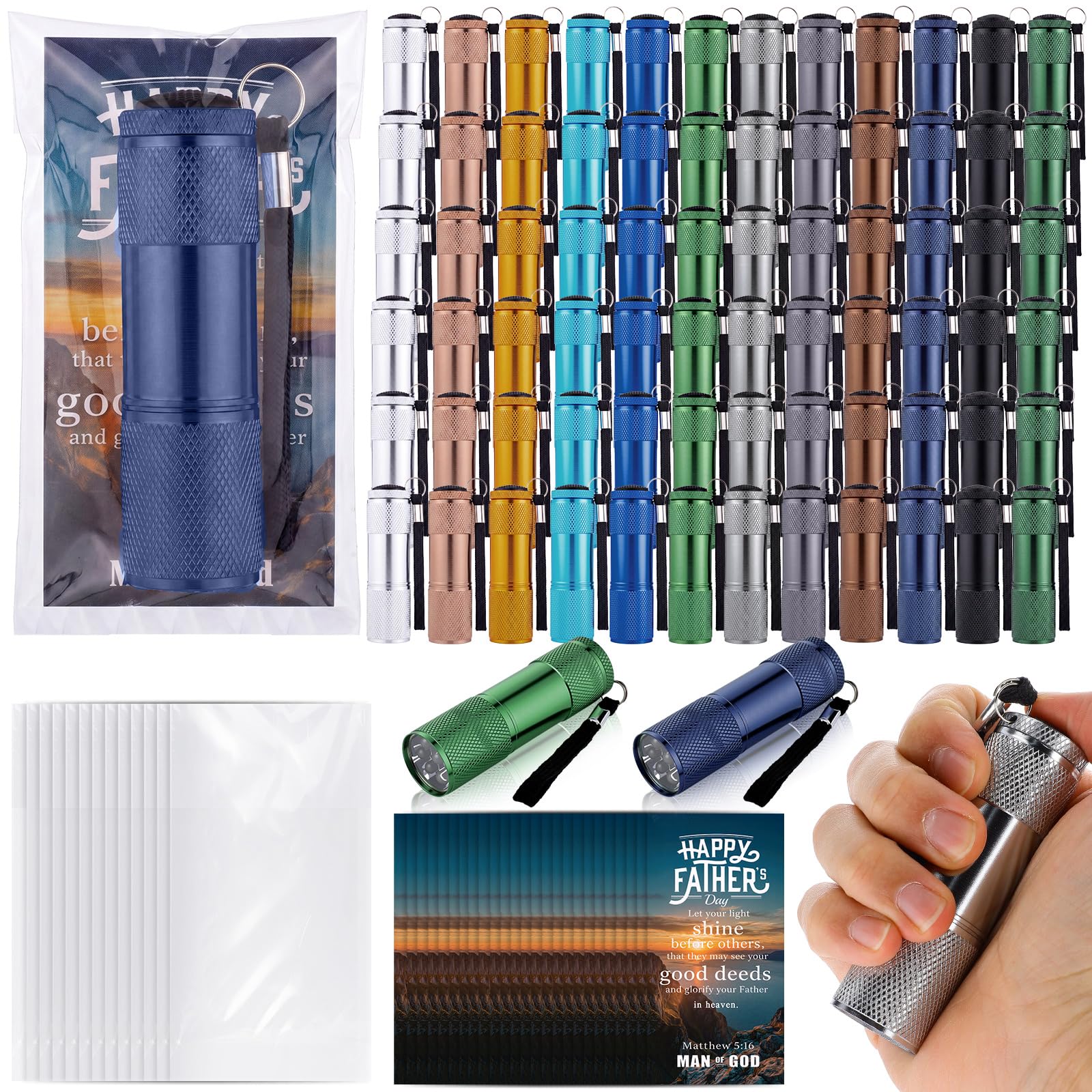 Tuanse 72-teiliges Set zum Vatertag, christliches Geschenk für Männer, inklusive Mini-Taschenlampen, Bibelvers-Karte, Aluminium, LED-Taschenlampen für Vater, Ehemann, religiöse Sonntagsschulgeschenke