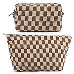 SOIDRAM 2 Pieces Makeup Bag Large Checkered Cosmetic Bag Capacity Canvas Mix Travel Toiletry Bag Organizer Cute Makeup Brushes Aesthetic Accessories Storage Bag for Women, Checkered Mix Brown