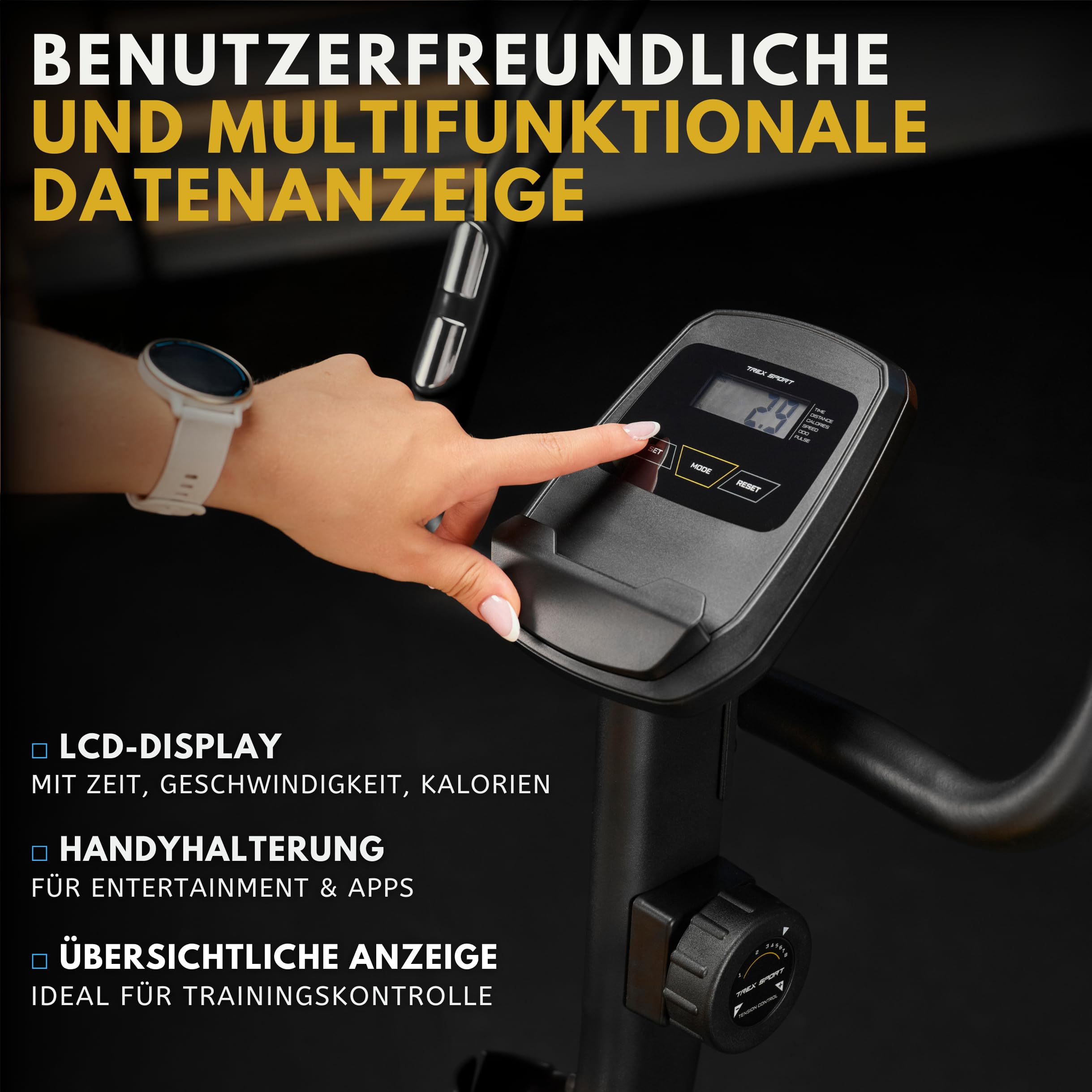 TREX SPORT Heimtrainer Fahrrad Magnetisch RIGON leise bis 120kg 8 Stufen | TX-380MB Fitnessbike, leise, LCD Display, Pulsmesser, Hometrainer, Schwarz / Marineblau
