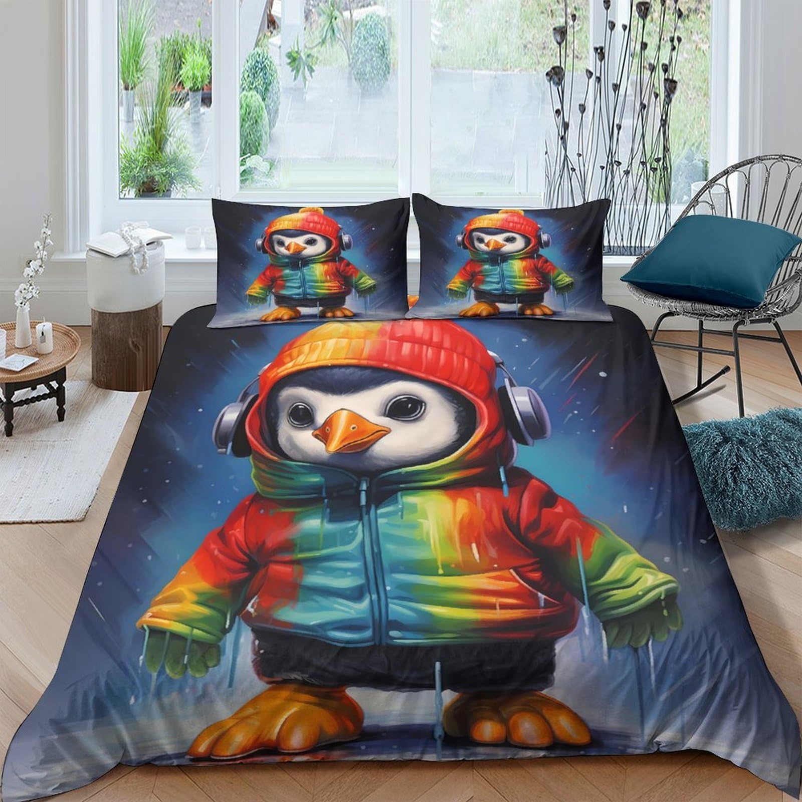 Ctjqhvkz Style-10 3D Printed Colourful Penguin Fitted Sheet Microfiber Soft Breathable Cartoon Bird Bed Cover For Bedroom Dorm Decor Single（135X200cm）