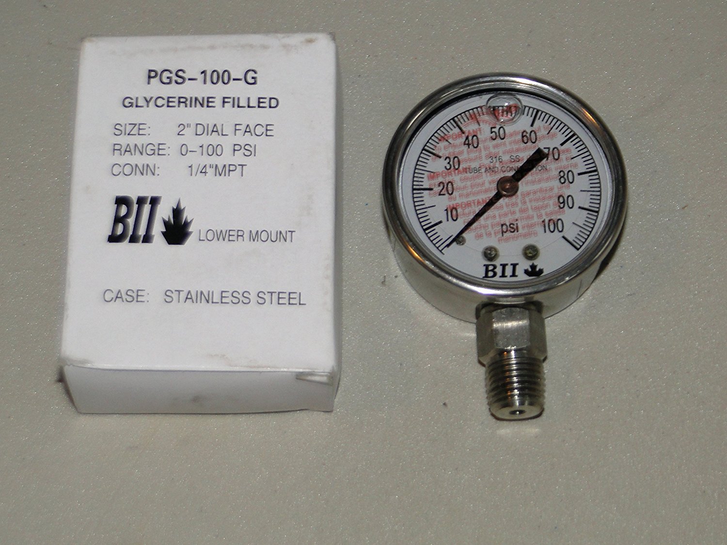 BOSHART Pressure Gauge - Stainless Steel - Liquid Glycerine Filled, 1/4" NPT, 100PSI, 2" Dial, Water Well Tank Gauge