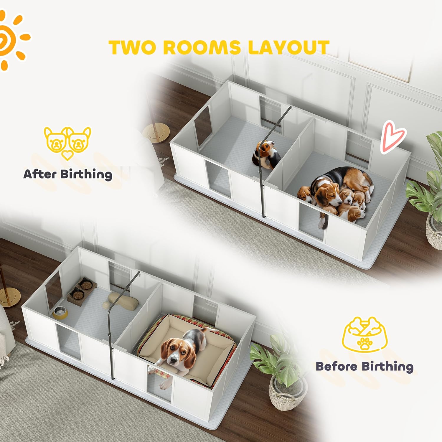 PawHut Whelping Box for Dogs, Newborn Puppy Supplies with Retractable Light Stand, Waterproof Pee Pad, Adjustable Height Door, Dog Whelping Pen for Small and Medium Breed Dogs, 77" x 38" x 19"