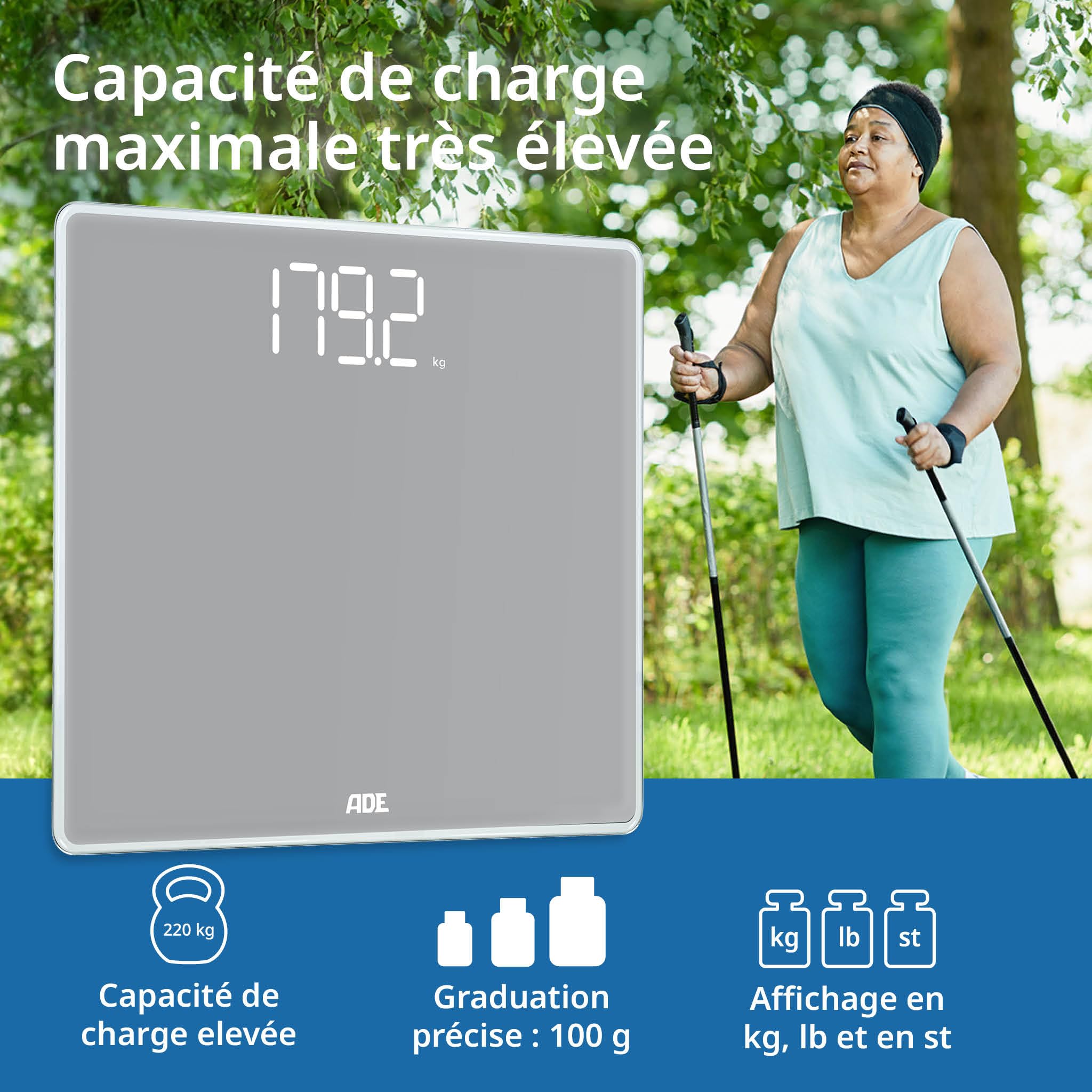 ADE Balance pese personne numérique avec grande capacité de charge jusqu'à 220 kg | pèse-personne fiable et précis avec chiffres lumineux XXL | grand écran | très grande surface de pesée | gris