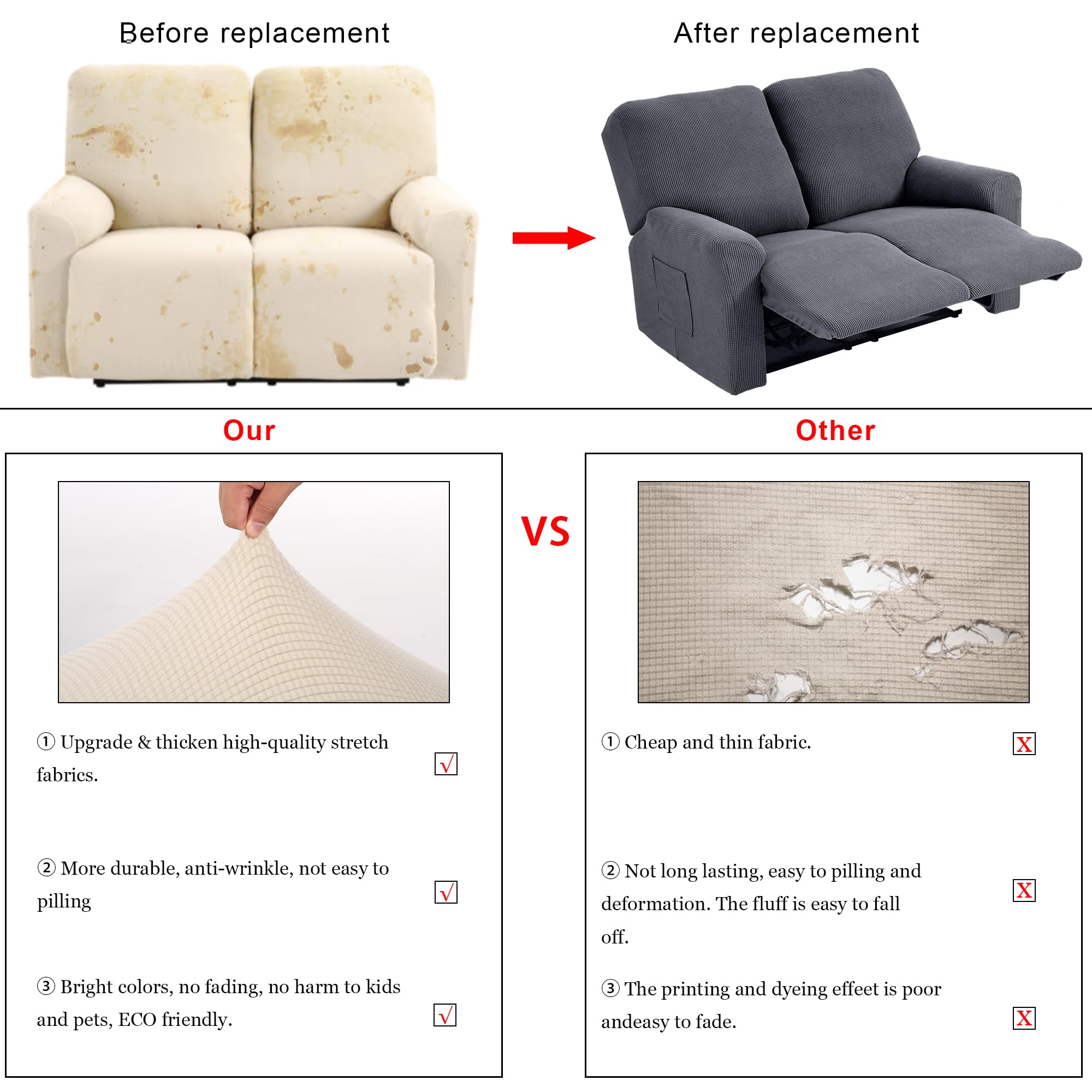 TIANSHU 2 Posti Fodera per Poltrona Reclinabile, Fodera per Poltrona Reclinabile Jacquard, Fodera per Divano Reclinabile Elasticizzata (Poltrona Reclinabile, Grigio Chiaro)