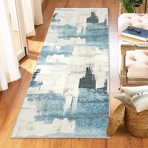 Alfombra moderna abstracta de color beige y azul, 2 x 6 pulgadas, resistente a las manchas, lavable, no se desprende, antideslizante para sala de