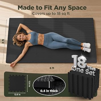 AIRHOP 18 PCS Gym Floor Mat, EVA Foam Puzzle Gym Mat, High-Density Interlocking Foam Floor Tiles for Home Gym, Play Workout Garage Kitchen Flooring 12.6x12.6x0.4