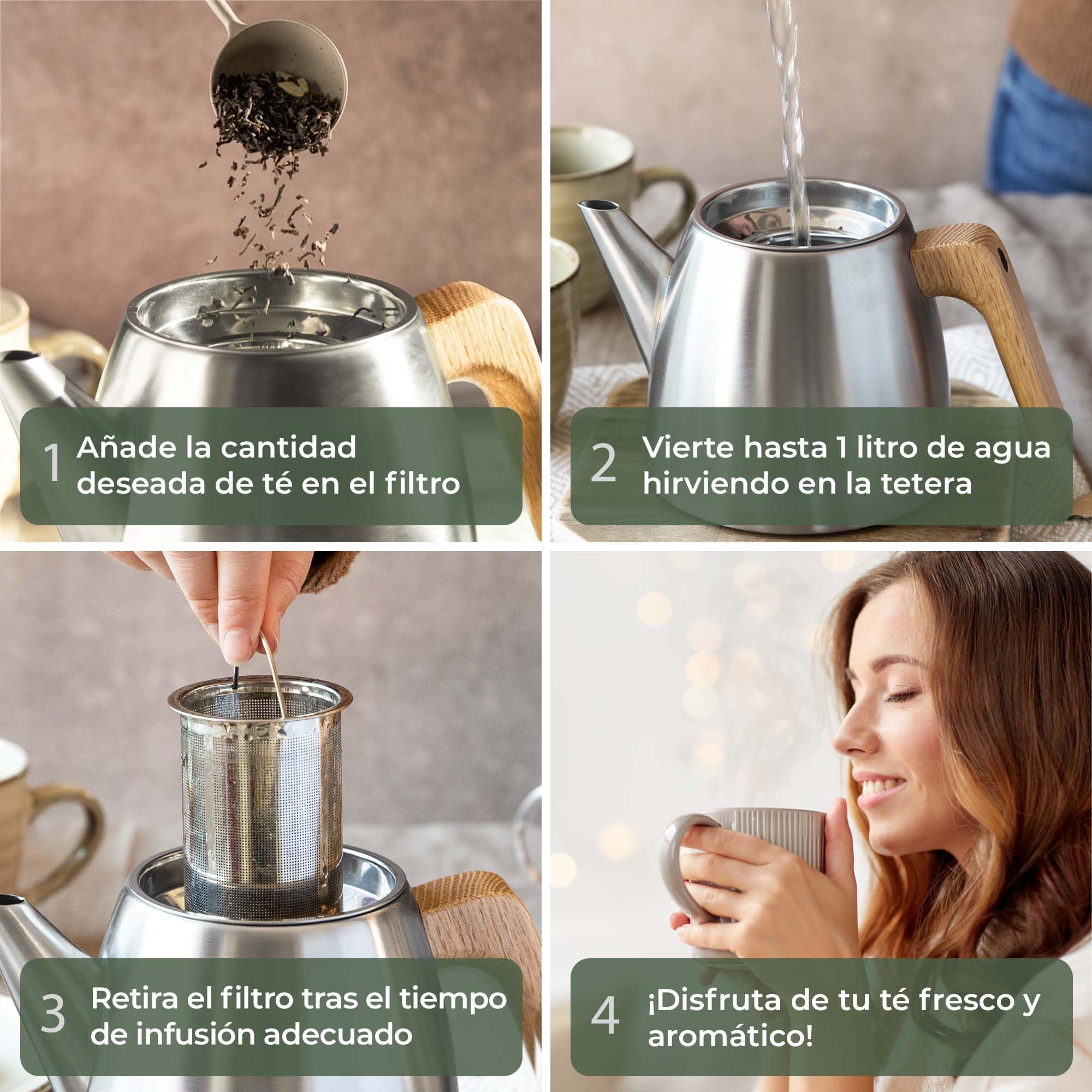 WALDWERK Tetera con colador (1,1 L) – térmica de doble pared – Tetera con filtro de acero inoxidable 304 – con asas de madera de roble macizo – 100% antigoteo