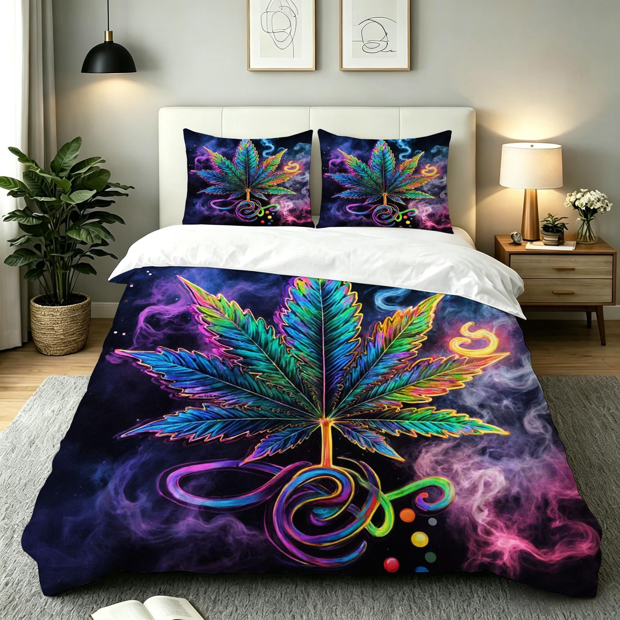 Parure de lit 240x260 feuilles colorées housse couette microfibre ados adultes