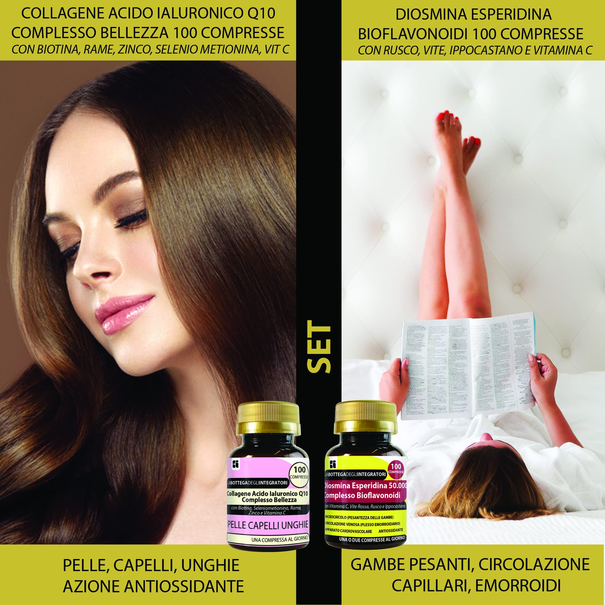 Set di Integratori Pelle Capelli Unghie + Antiossidante | Collagene Ialuronico Q10 Complesso Bellezza 100 compresse + Diosmina Esperidina Bioflavonoidi 100 compresse