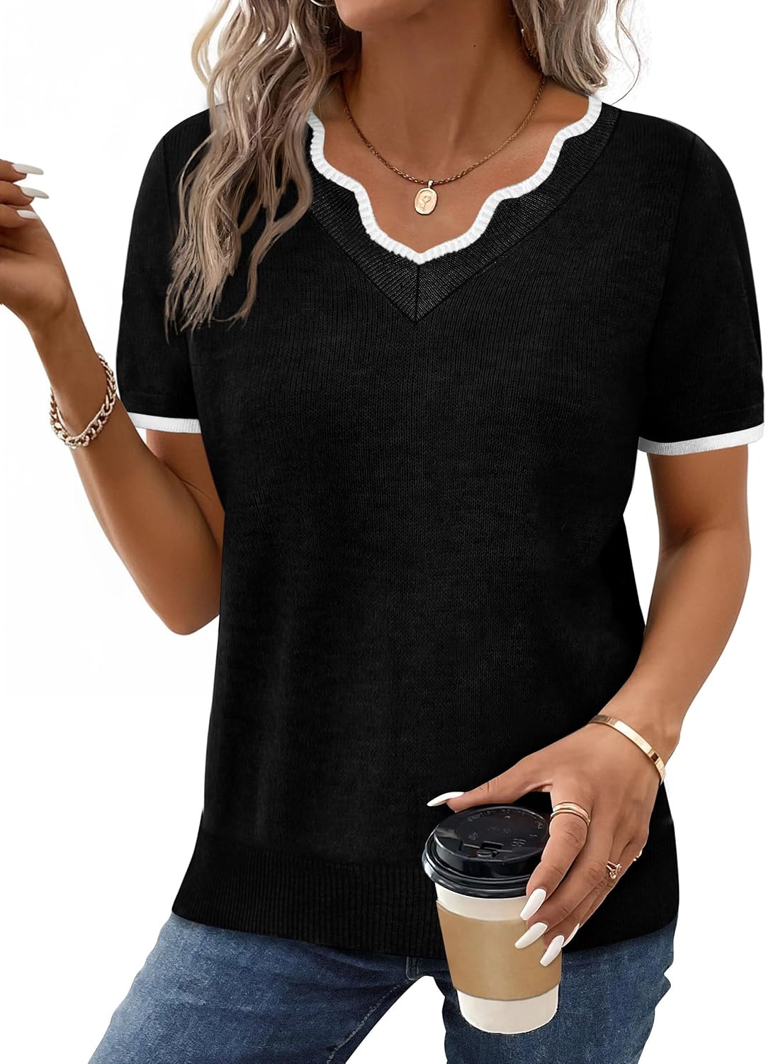 OFEEFAN Short Sleeve Sweater for Women V Neck Lightweight Sweaters Fashion Clothing Business Casual Outfits - Image 2