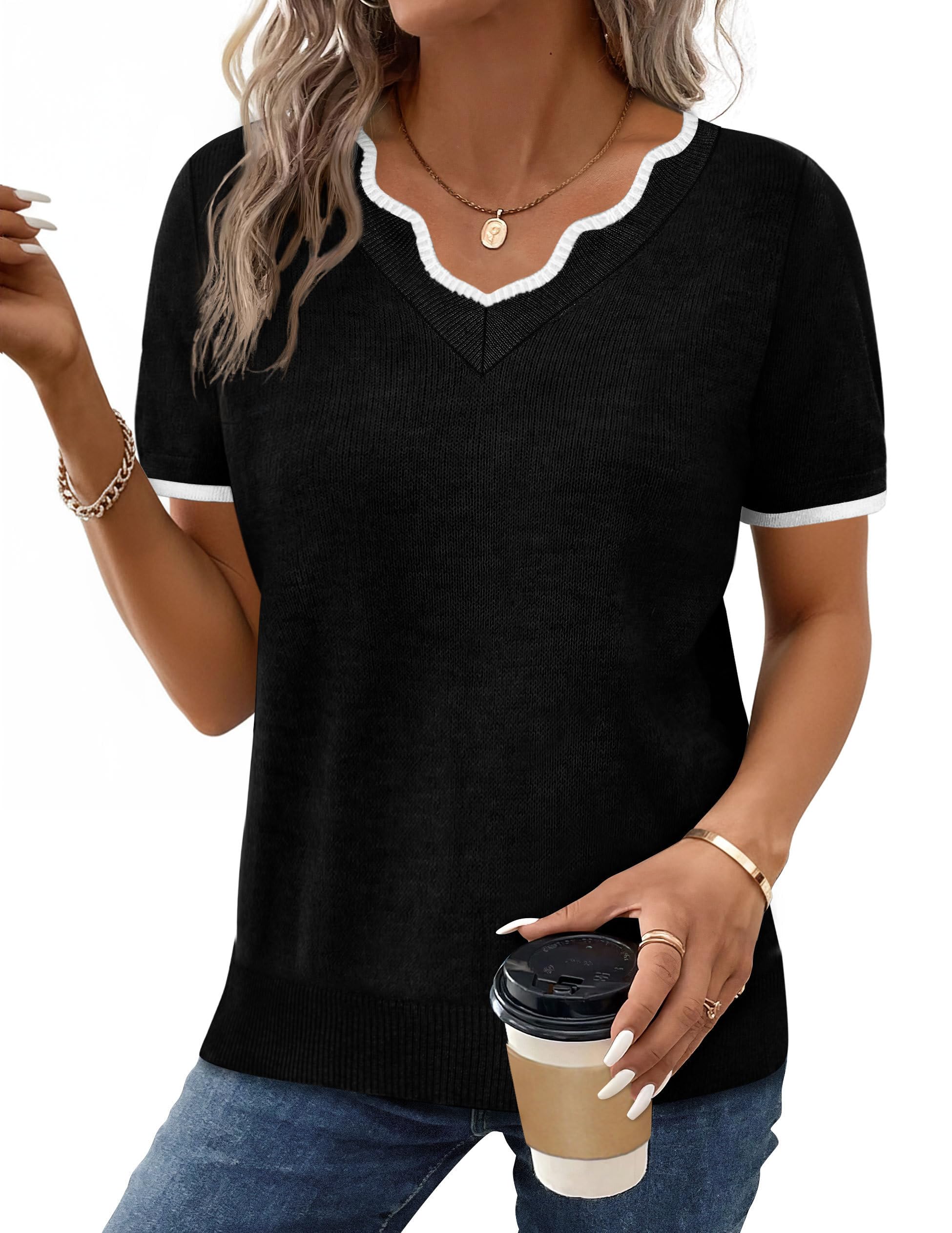 OFEEFAN Short Sleeve Sweater for Women V Neck Lightweight Sweaters Fashion Clothing Business Casual Outfits