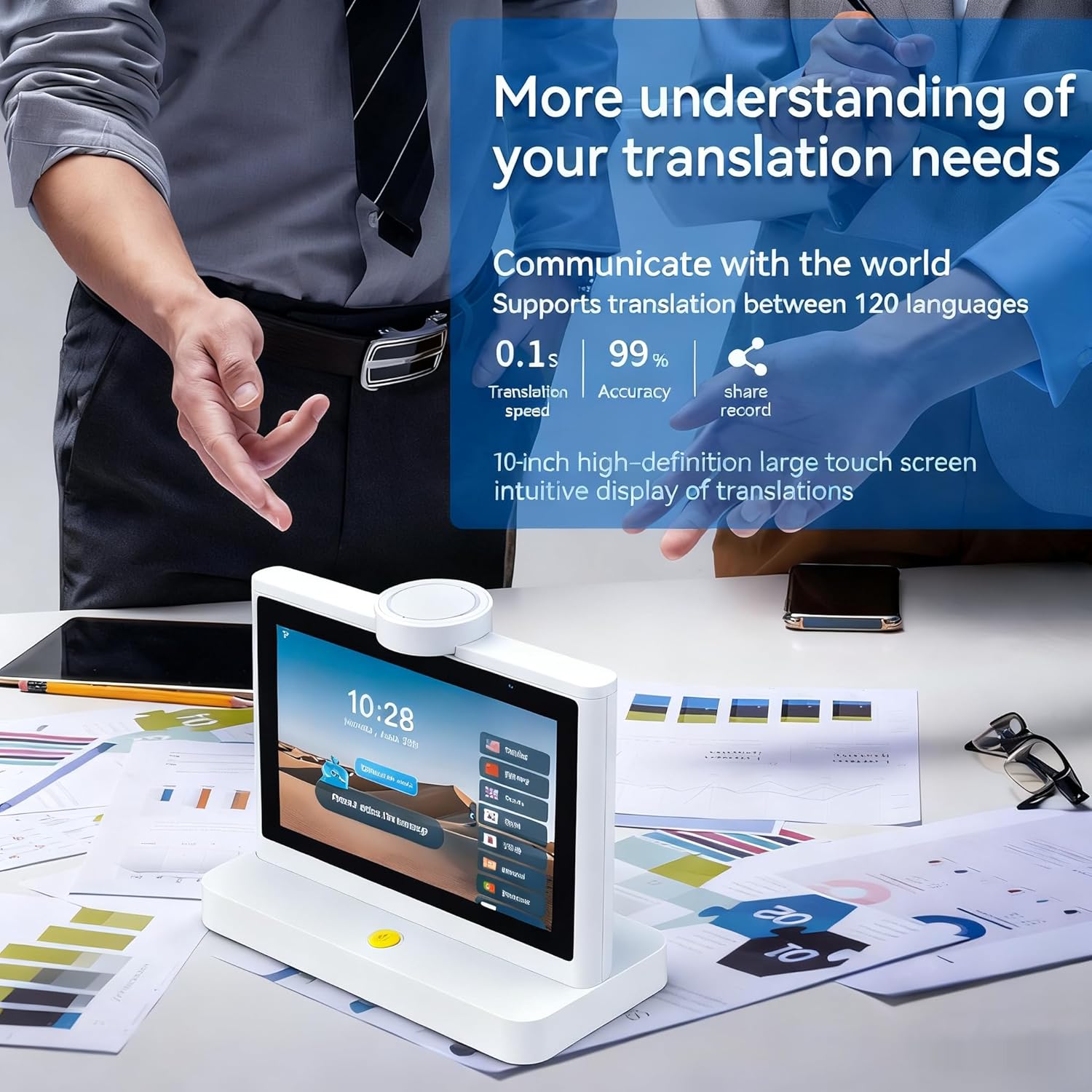 10 Inch Desktop Dual Screen Translator, 120 Languages, Touchscreen Device with Recordings for Hotel Receptions, Business Meetings, Seminars, Shops