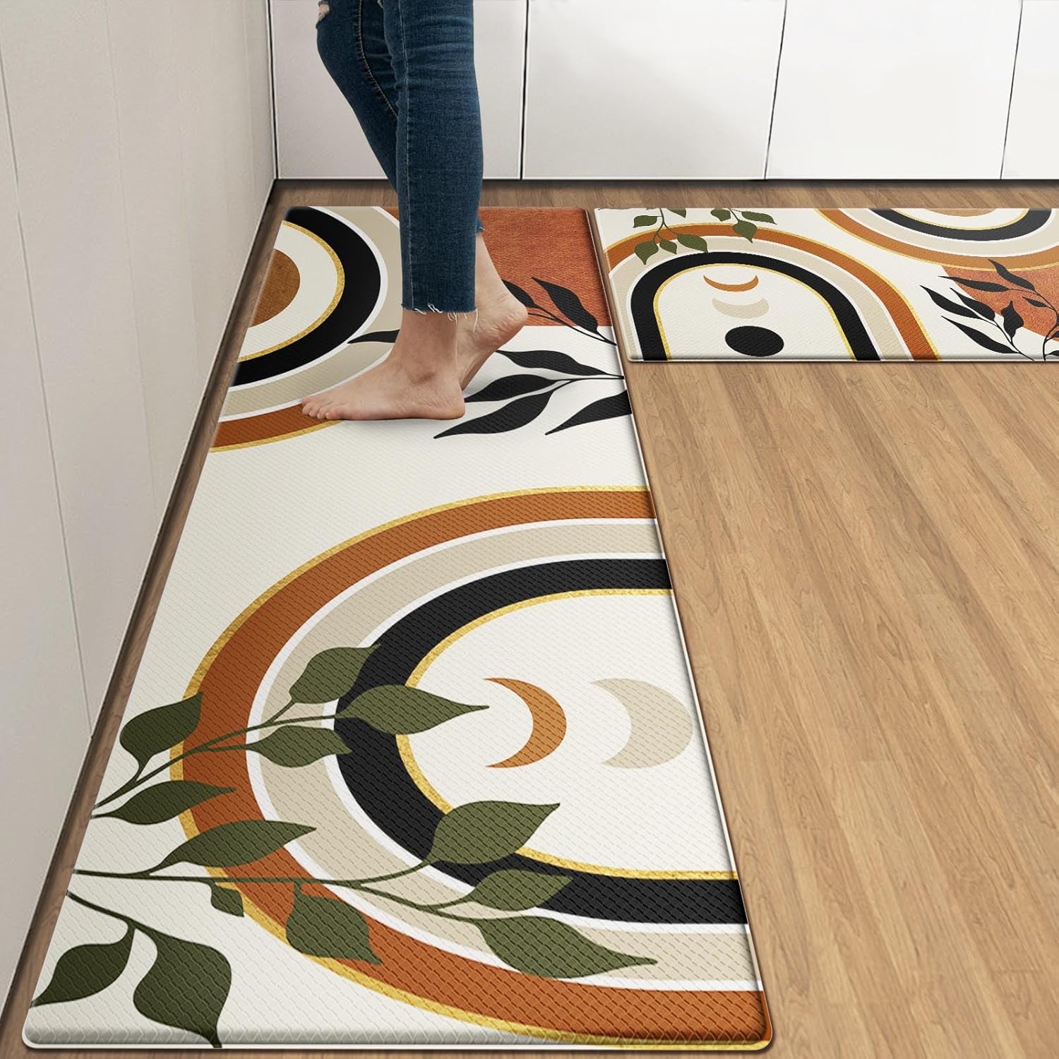 Kitchen Mats for Floor 2 PCS, Anti Fatigue Mat Set, Boho Cushioned Non Slip Waterproof Kitchen Rugs, Wipe Clean PVC Leather Runner for Sink, Laundry, Office, 17"x47"+17"x29", Orange