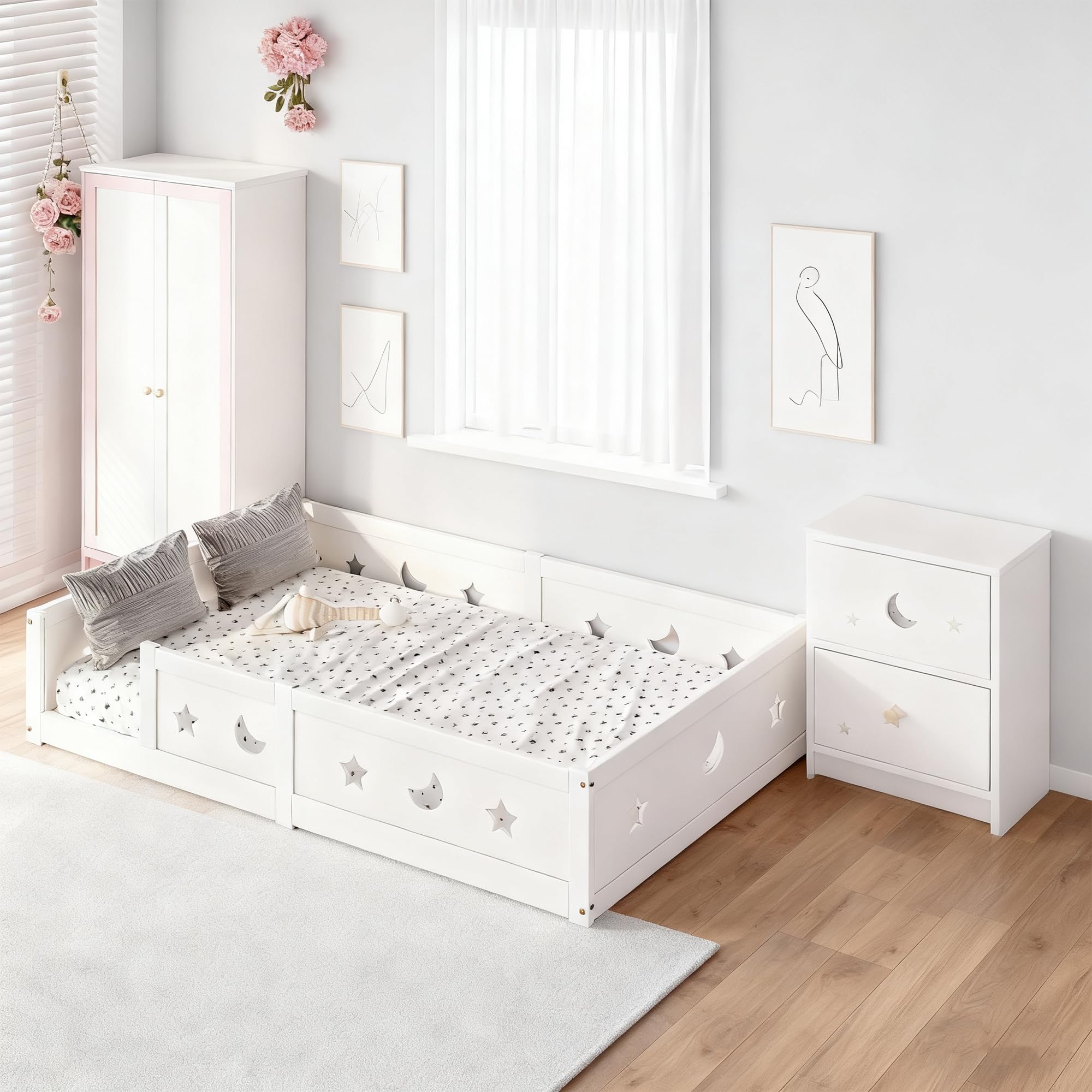 Cama de suelo infantil de 120 x 200, cama Montessori en el suelo de madera maciza con barrera de seguridad y somier de láminas, marco de camas de 1 plaza para niños y niñas, niños y bebés (A