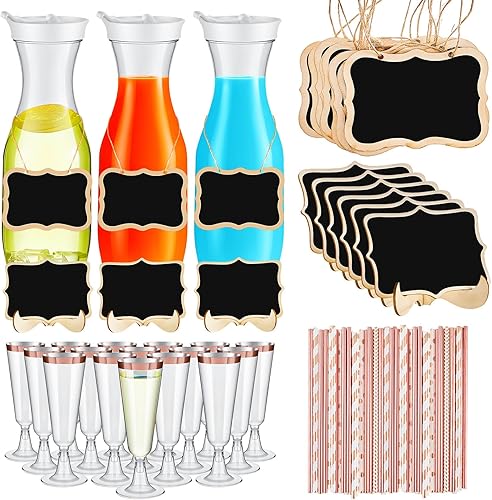 Mumufy 73 piezas de suministros de barra de mimosa, jarra de agua de plástico de 50 onzas con tapas, copas de champán de plástico, copas de mimosa