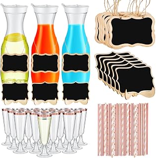 Mumufy 73 Pcs Mimosa Bar Supplies 50 oz Plastic Water Carafe with Lids Juice Plastic Champagne Flutes Mimosa Glasses with Wooden Chalkboard Tags Stickers Straws for Milk Wine(Rose Gold)