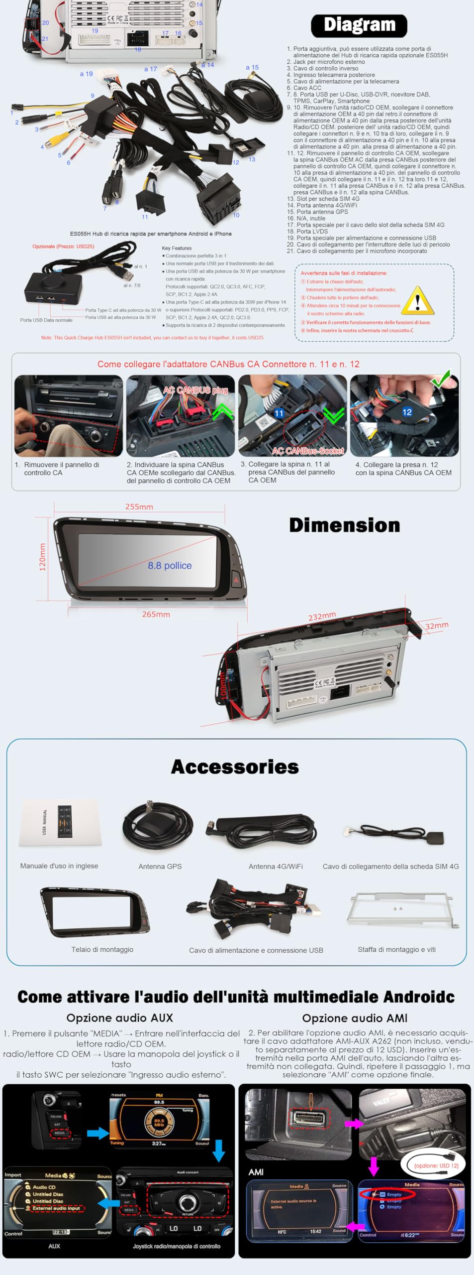 Qualcomm 8-Core Autoradio Android 14 GPS Navigatore per Audi Q5 2009-2016 Wireless Carplay SWC WiFi DSP DAB+ Bluetooth 5.1 OEM Radio 8,8 pollici IPS Schermo tattile