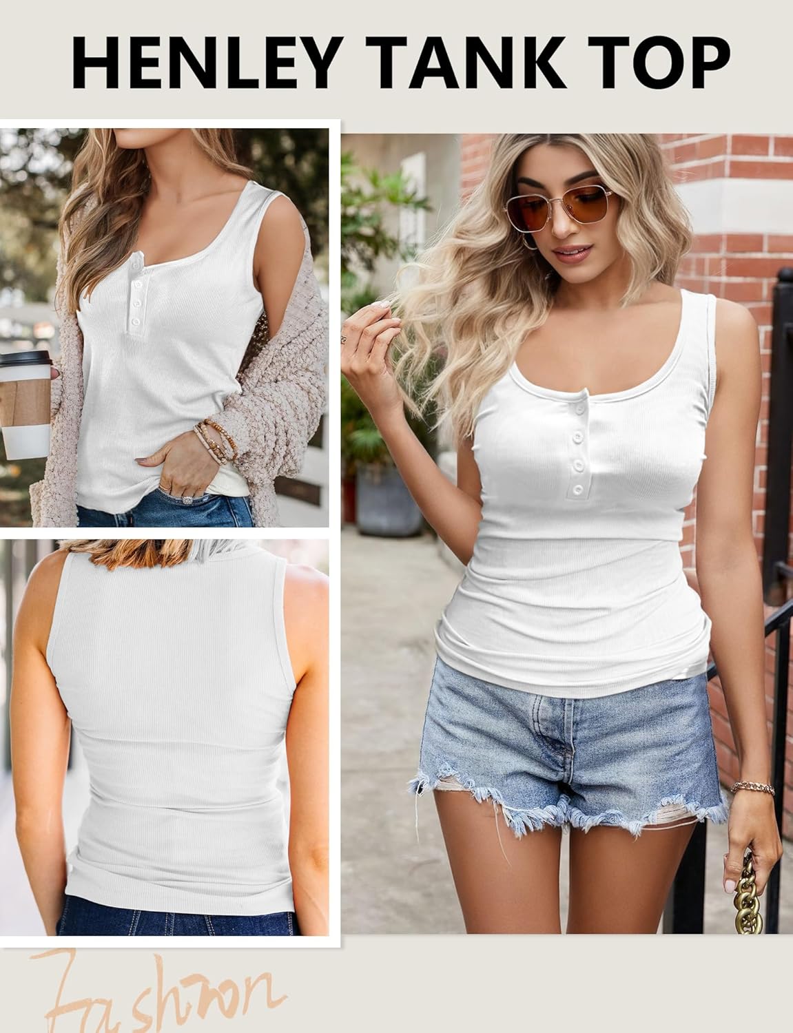 AURUZA Tank Top for Women, Sleeveless Henley Tank Tops for Women, Ribbed Basic Tank Tops, Solid Cami Casual Summer Tops Shirt - Image 2