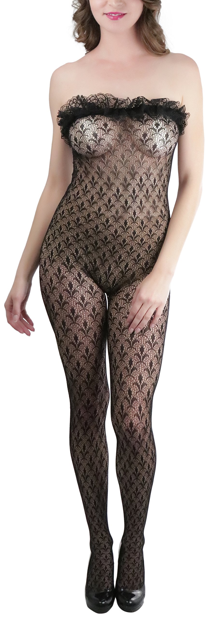 ToBeInStyle Women’s Bodystocking Crotchless Peek-A-Boo Fishnet Lace Bodysuit