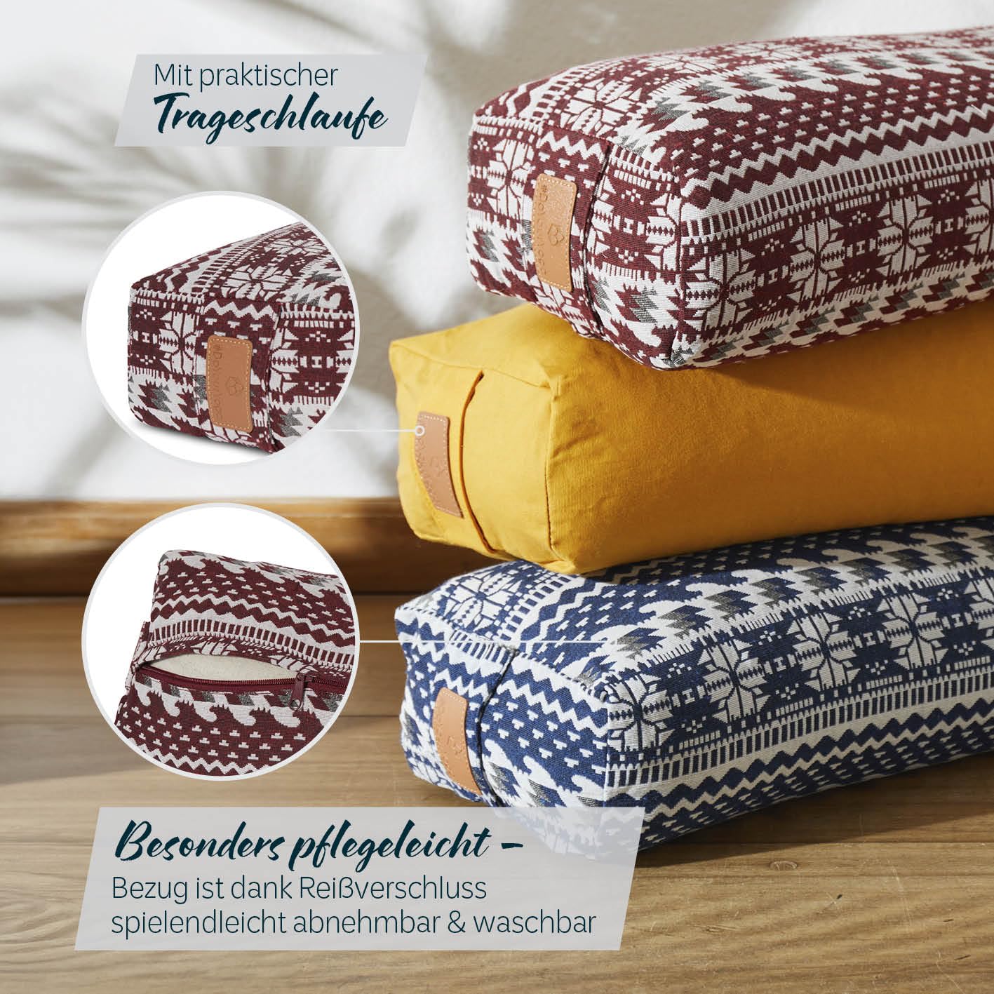 #DoYourYoga Yogabolster »Paravati« 67cm x 13cm | Gefüllt mit Bio-Dinkelspelz (KBA) oder Bio-Buchweizenschalen (KBA) | Yogakissen mit waschbarem Bezug | Sitzkissen & Zafukissen für Yin Yoga