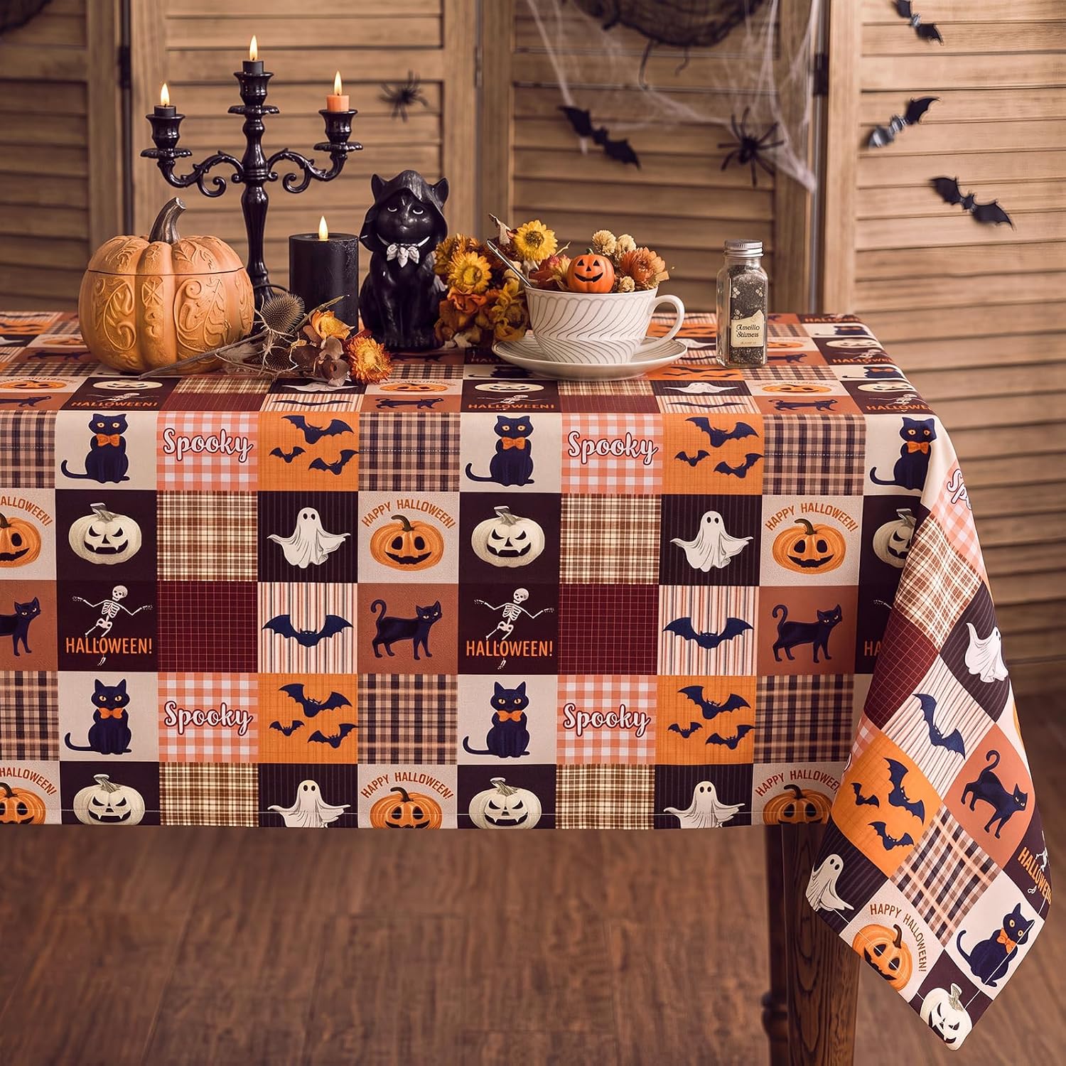 Irenare Spooky Black Cat Bat Pumpkin Tablecloth, 60 x 84 Inch