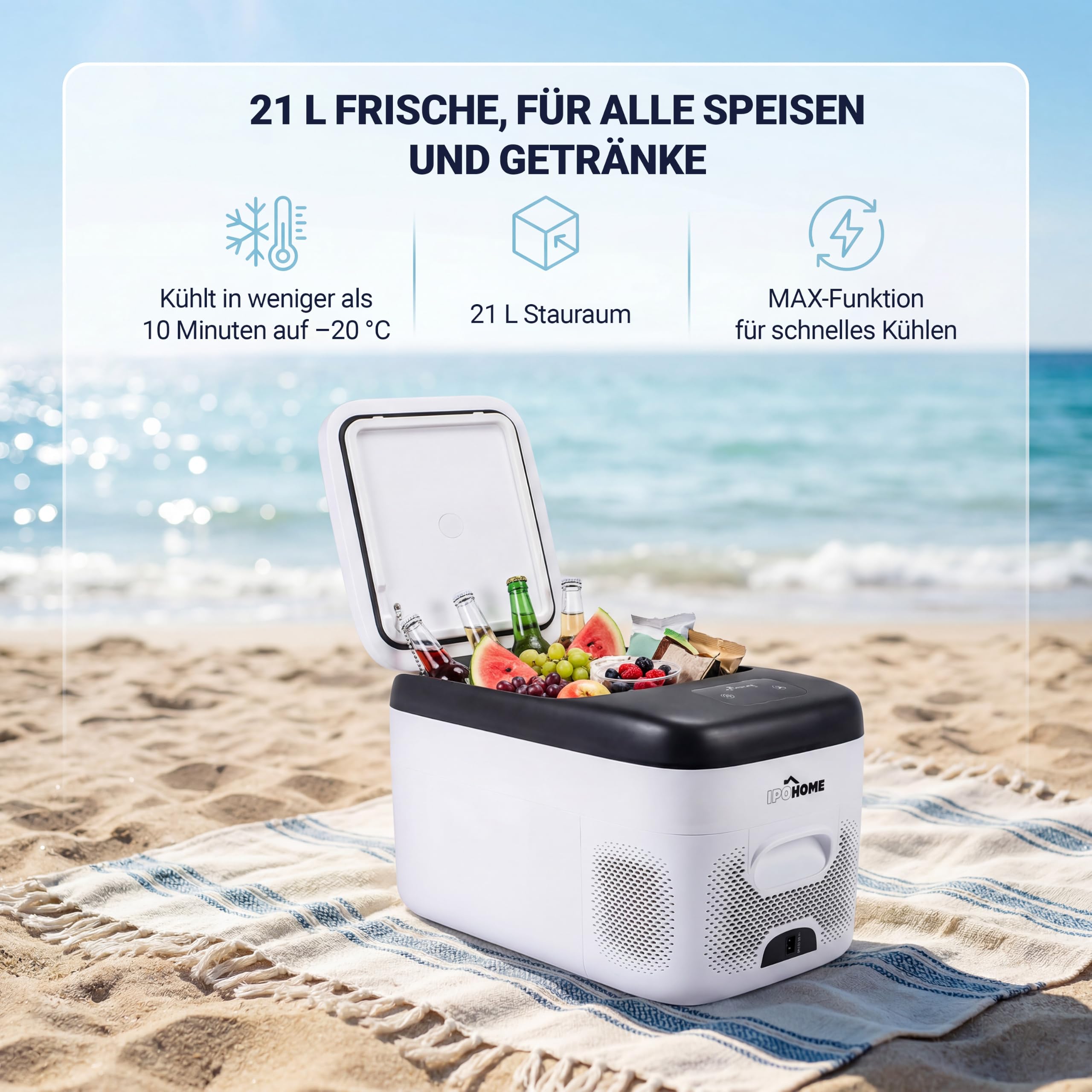 IPOTOOLS Kompressor Kühlbox EB25 – 21L Auto Kühlschrank elektrisch 12v 230v mit anpassbarer Kühlung bis -20°C und Bluetooth Steuerung ideal für Camping, Auto, Lkw, Boot, Reisemobil