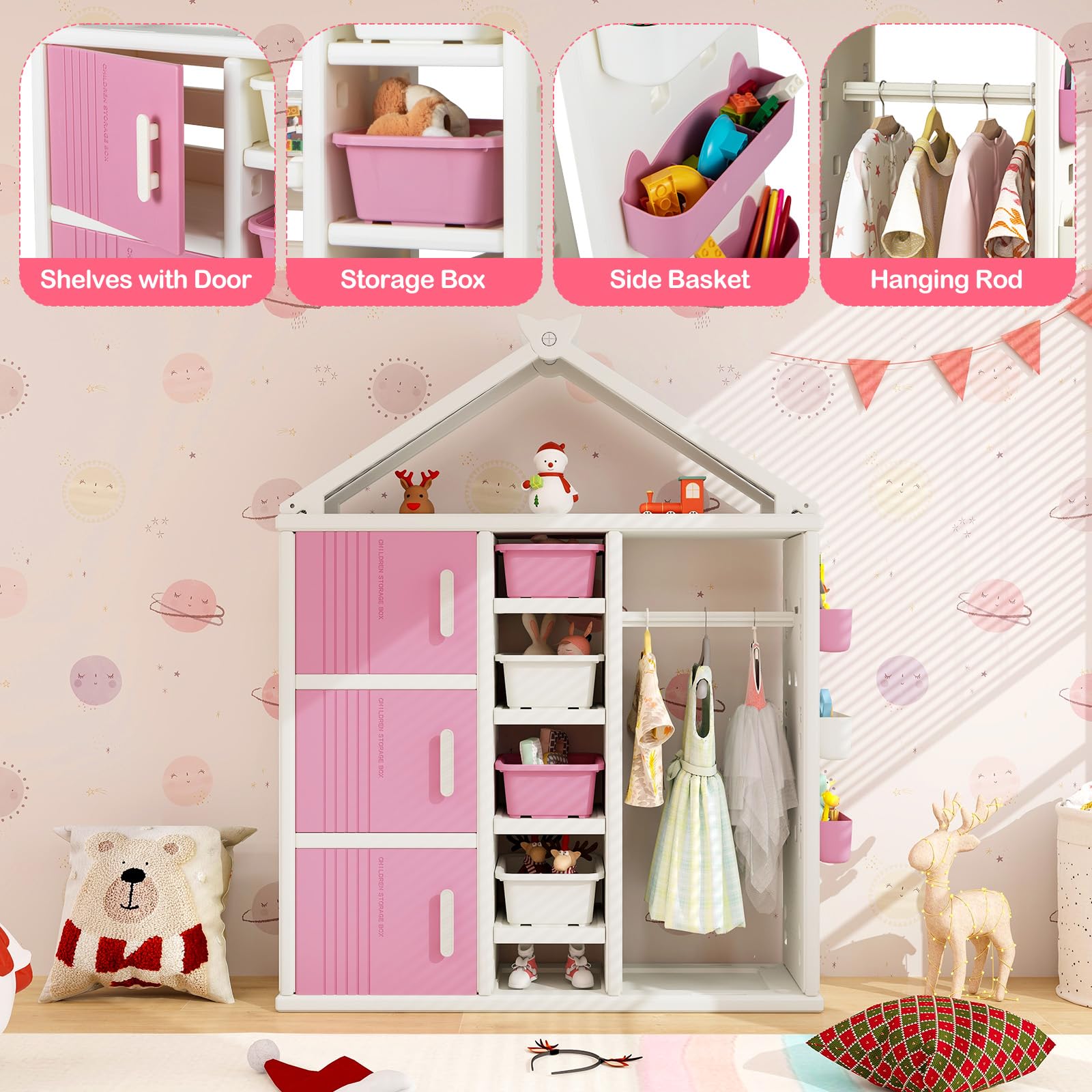 FANTASK Kinderregal in Hausform, 130 x 34 x 156 cm, Kindergarderobe mit Regalen, Seitenkörben & 4 Aufbewahrungsboxen, Kinder Kleiderschrank für Kinderzimmer (Rosa)