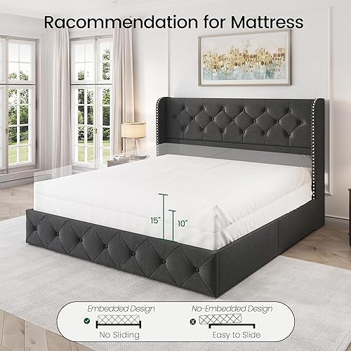 Miniatura 27 de LARMACE - Marco de cama tamaño King con 4 cajones de almacenamiento y cabecera tapizada con botones, cama de plataforma tapizada en lino con