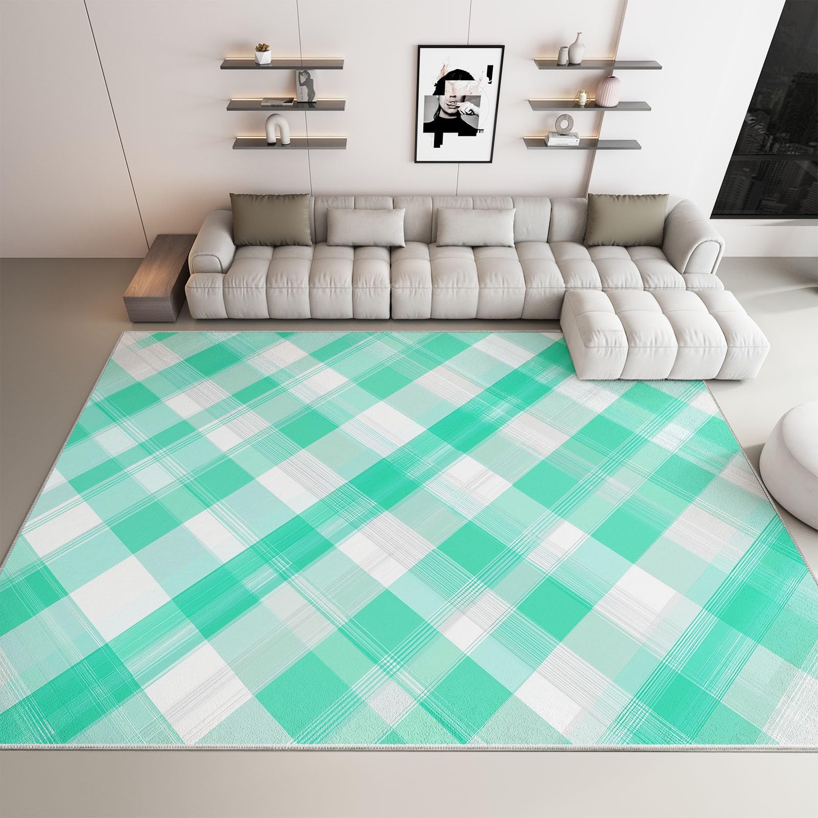 Dywan można prać w pralce 140 x 200 cm Sztuka współczesna, antypoślizgowy krótki włos - Mięta zielony dywan z nadrukiem w kratkę do salonu sypialni kuchni przedpokoju i biura