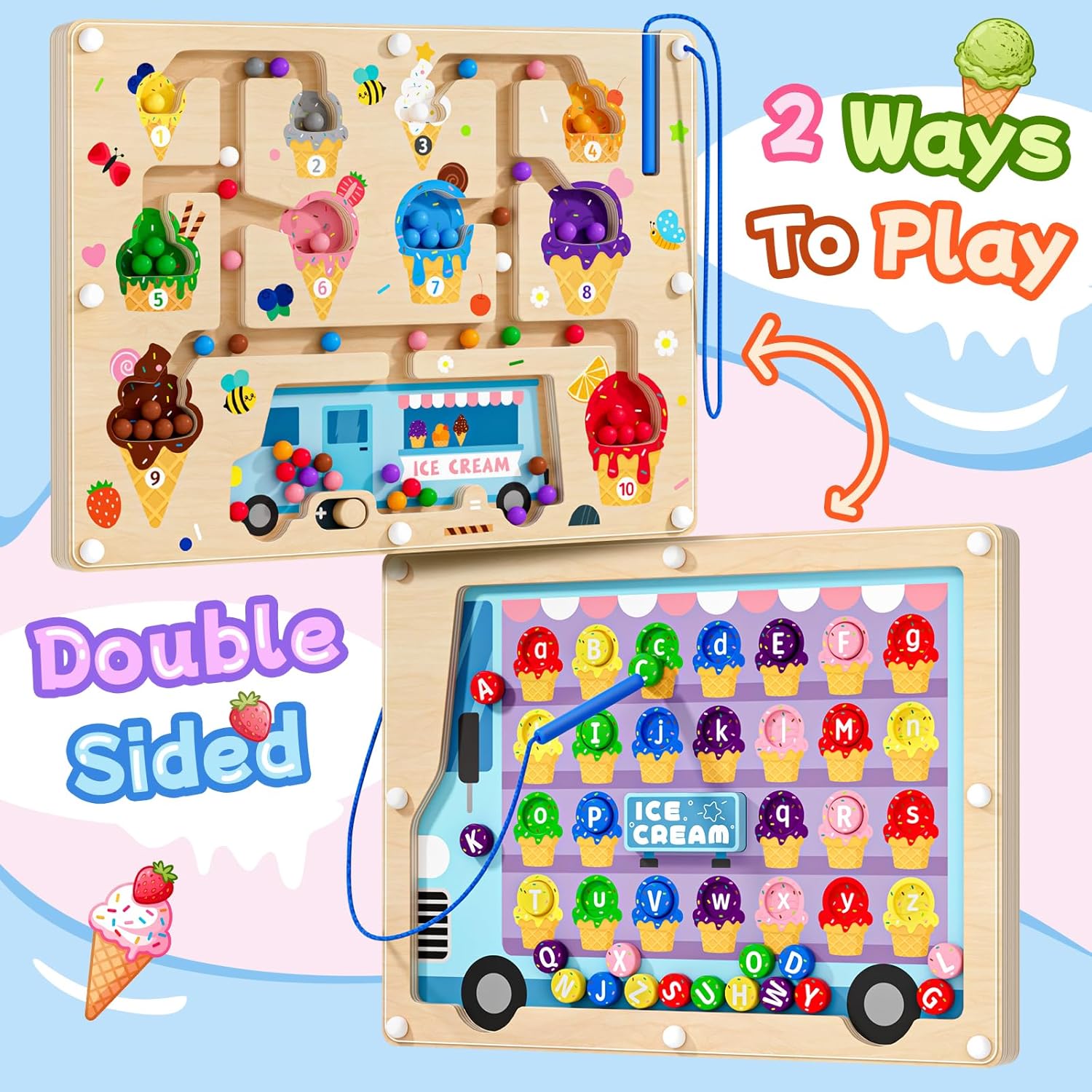 2 in 1 Magnetic Color and Number Maze Double-Sided ABC Alphabet Puzzles Board Magnet Dinosaur Counting Maze Preschool Learning Montessori Education 3 4 5 Years Toys (Ice Cream, One Size)