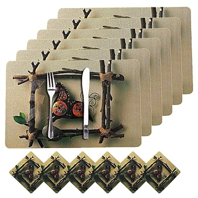Kuber Industries Horse Design PVC 6 Piece Dining Table Placemat Set with Tea Coasters (Brown)-CTKTC032182, Polyvinyl Chl